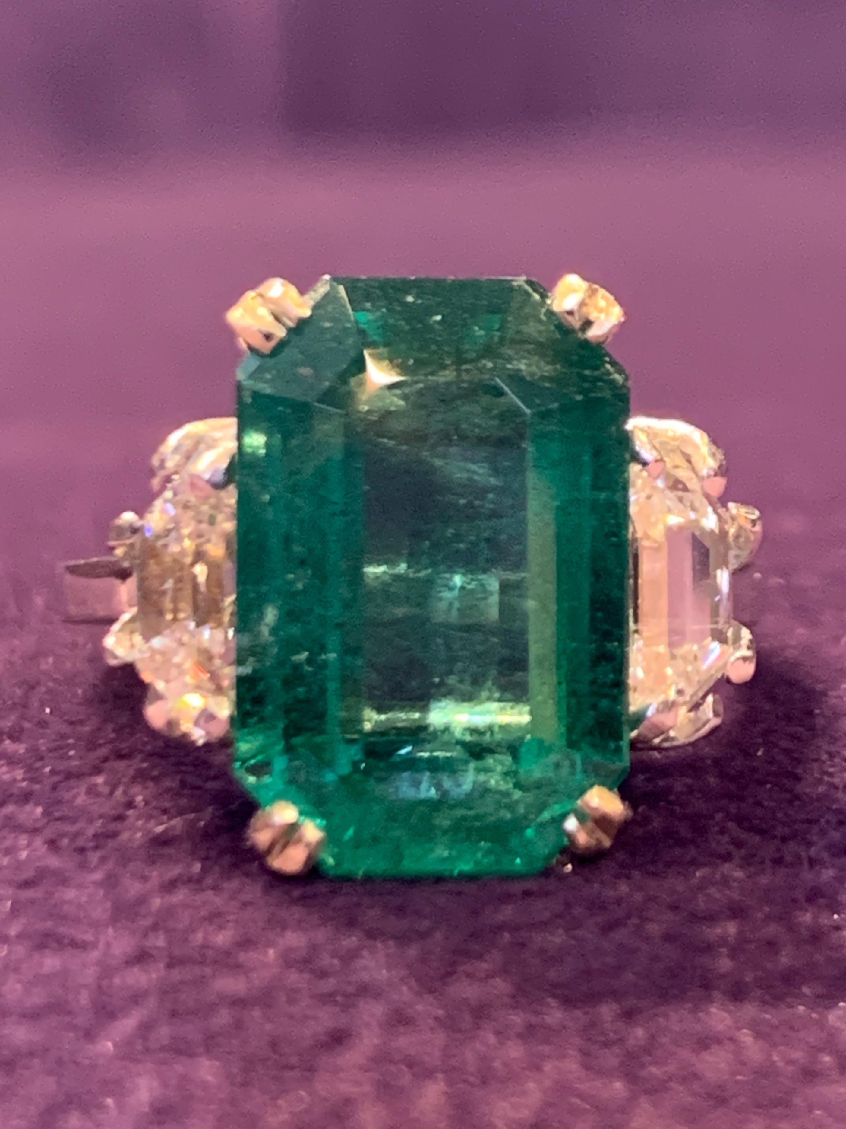 Octagon Cut Emerald & Diamond Three Stone Cocktail Ring For Sale