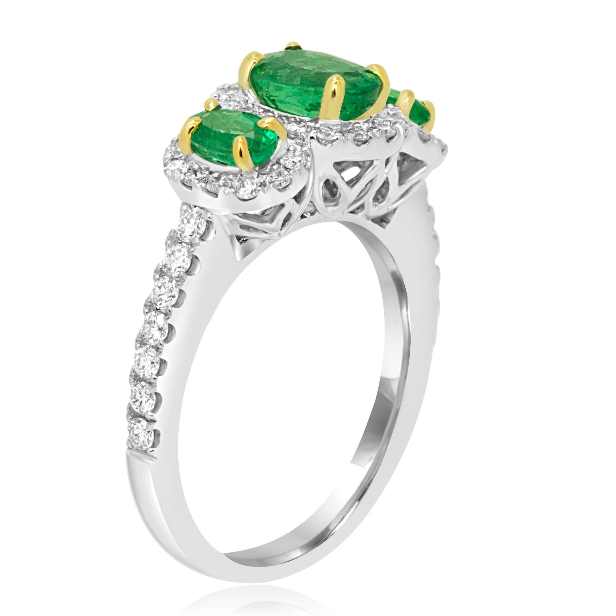 Contemporary Emerald Diamond Three-Stone Halo Two-Color Gold Fashion Cocktail Ring