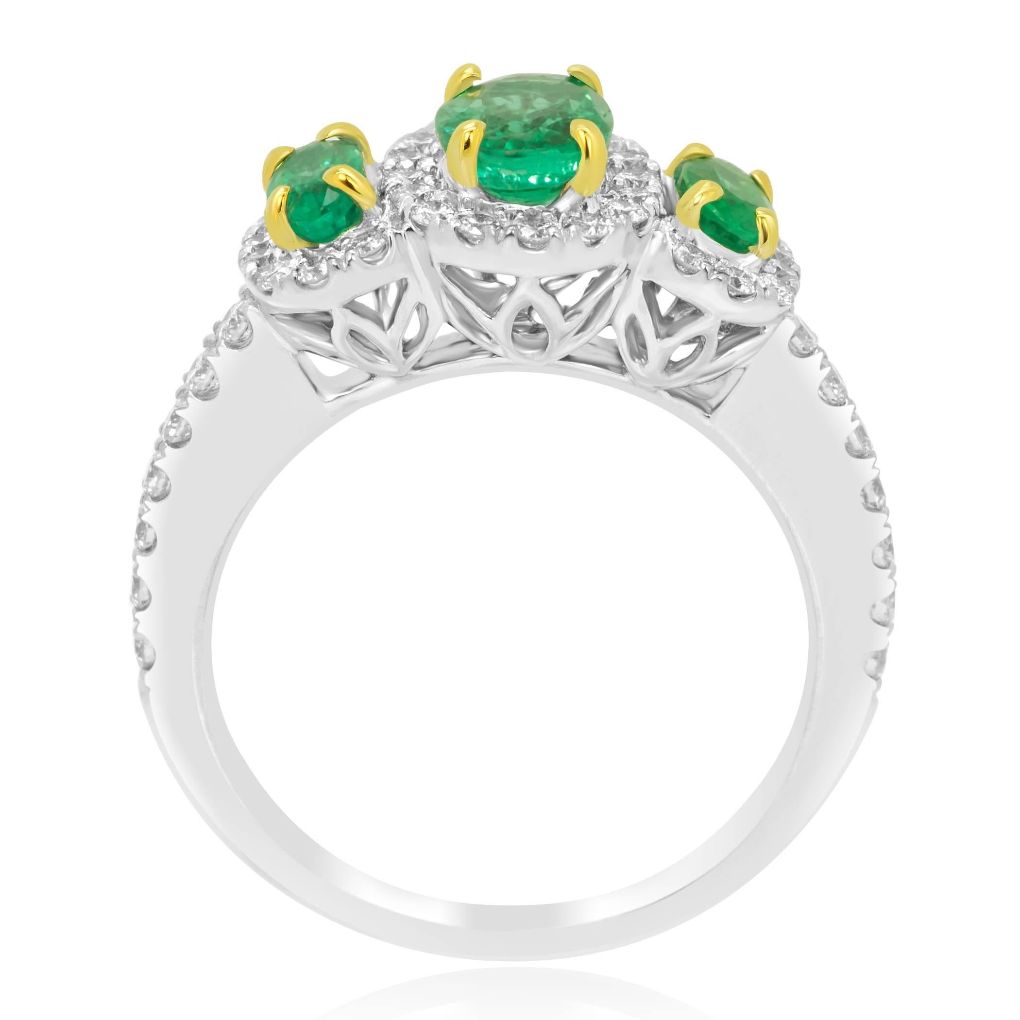 Oval Cut Emerald Diamond Three-Stone Halo Two-Color Gold Fashion Cocktail Ring