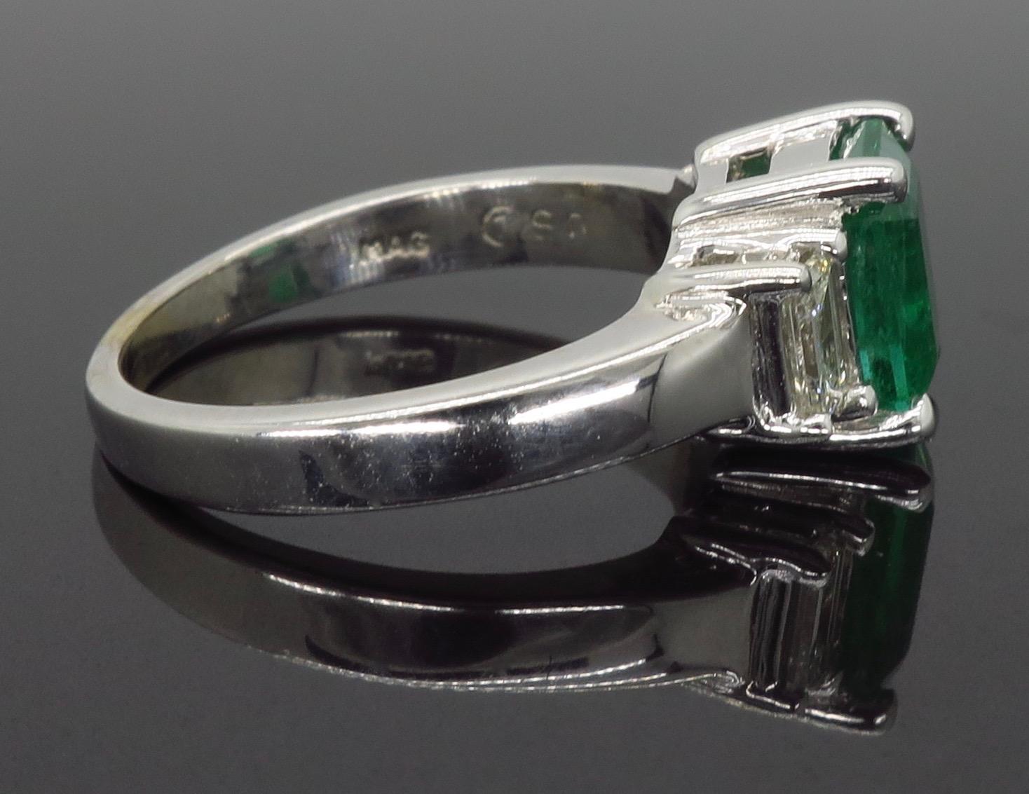 Emerald and Diamond Three-Stone Ring In Excellent Condition In Webster, NY