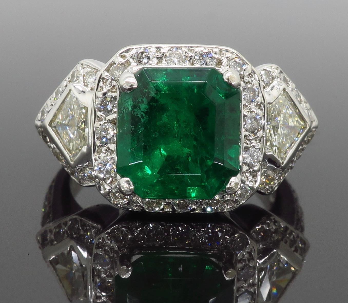 Emerald and Diamond Three-Stone Ring in 18 Karat White Gold at 1stDibs