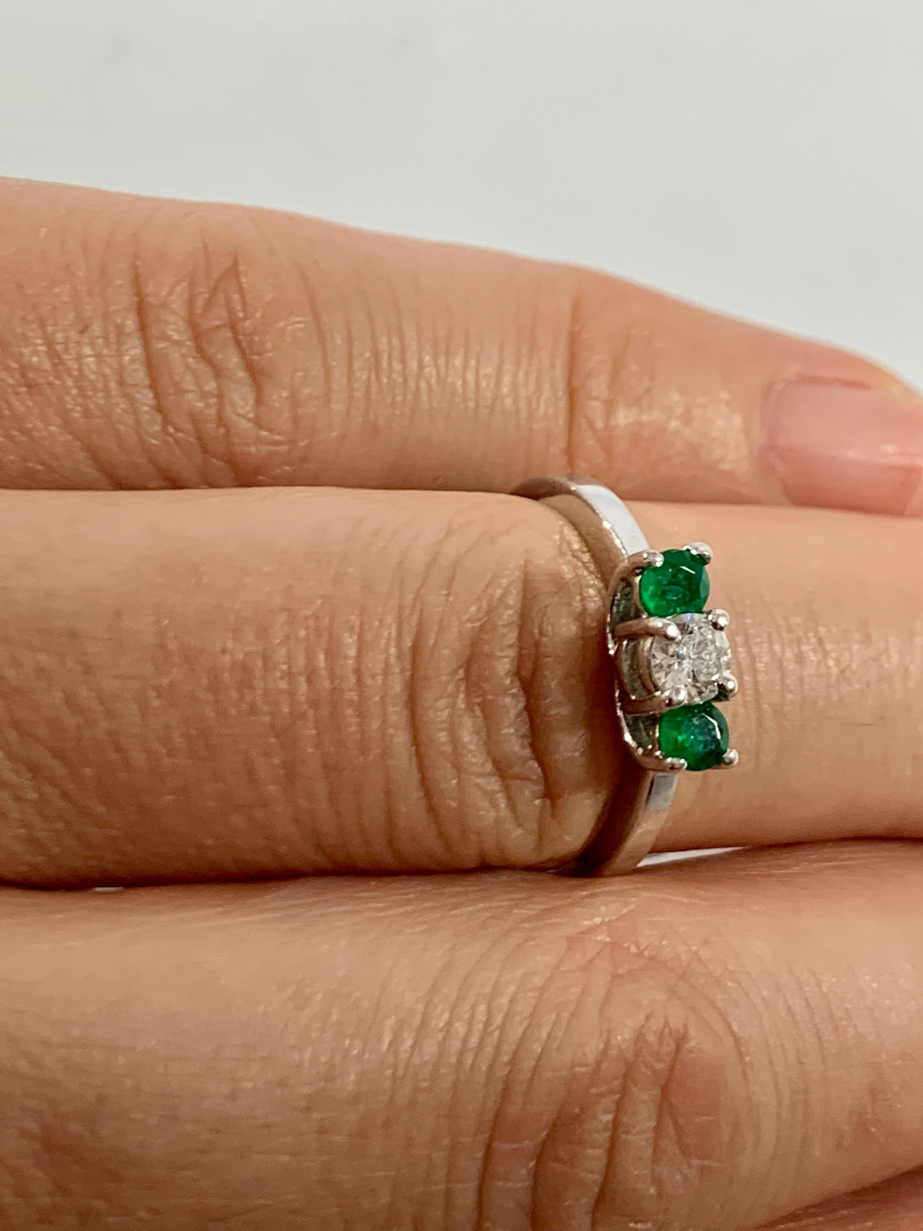 Emerald and Diamond Three-Stone Ring Past Present Future 14 Karat White Gold 4