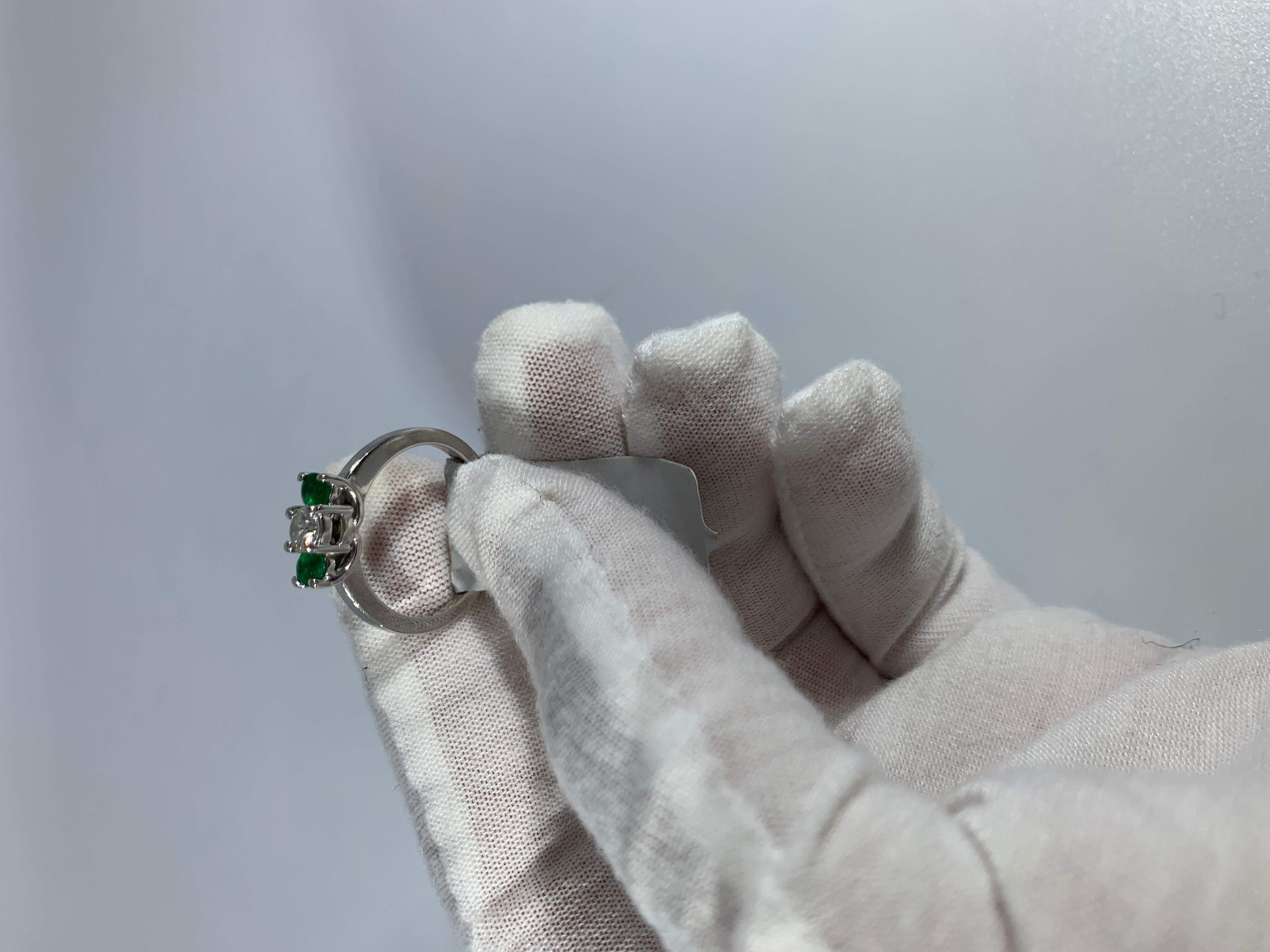 Emerald and Diamond Three-Stone Ring Past Present Future 14 Karat White Gold 5