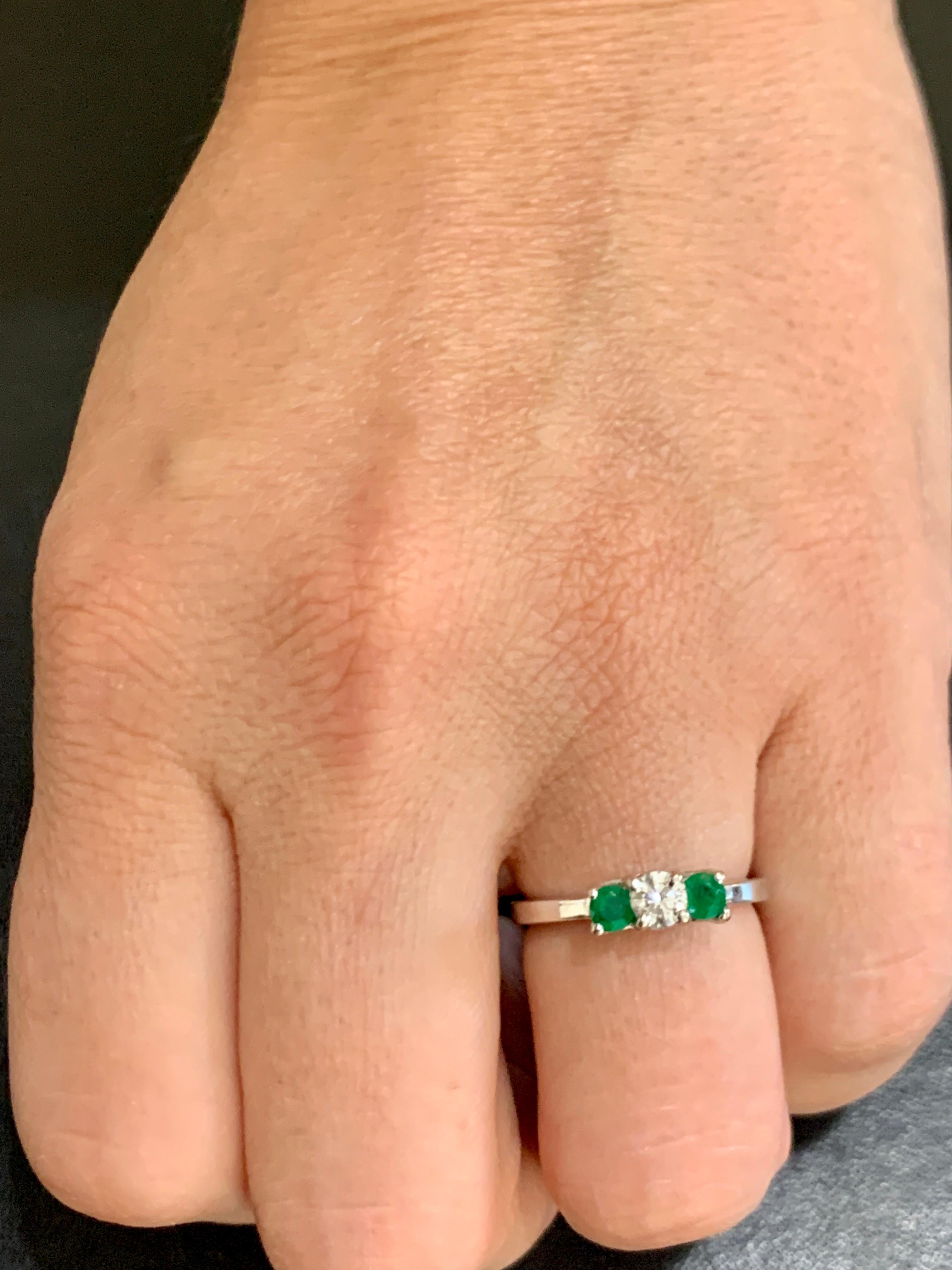 Emerald and Diamond Three-Stone Ring Past Present Future 14 Karat White Gold 6