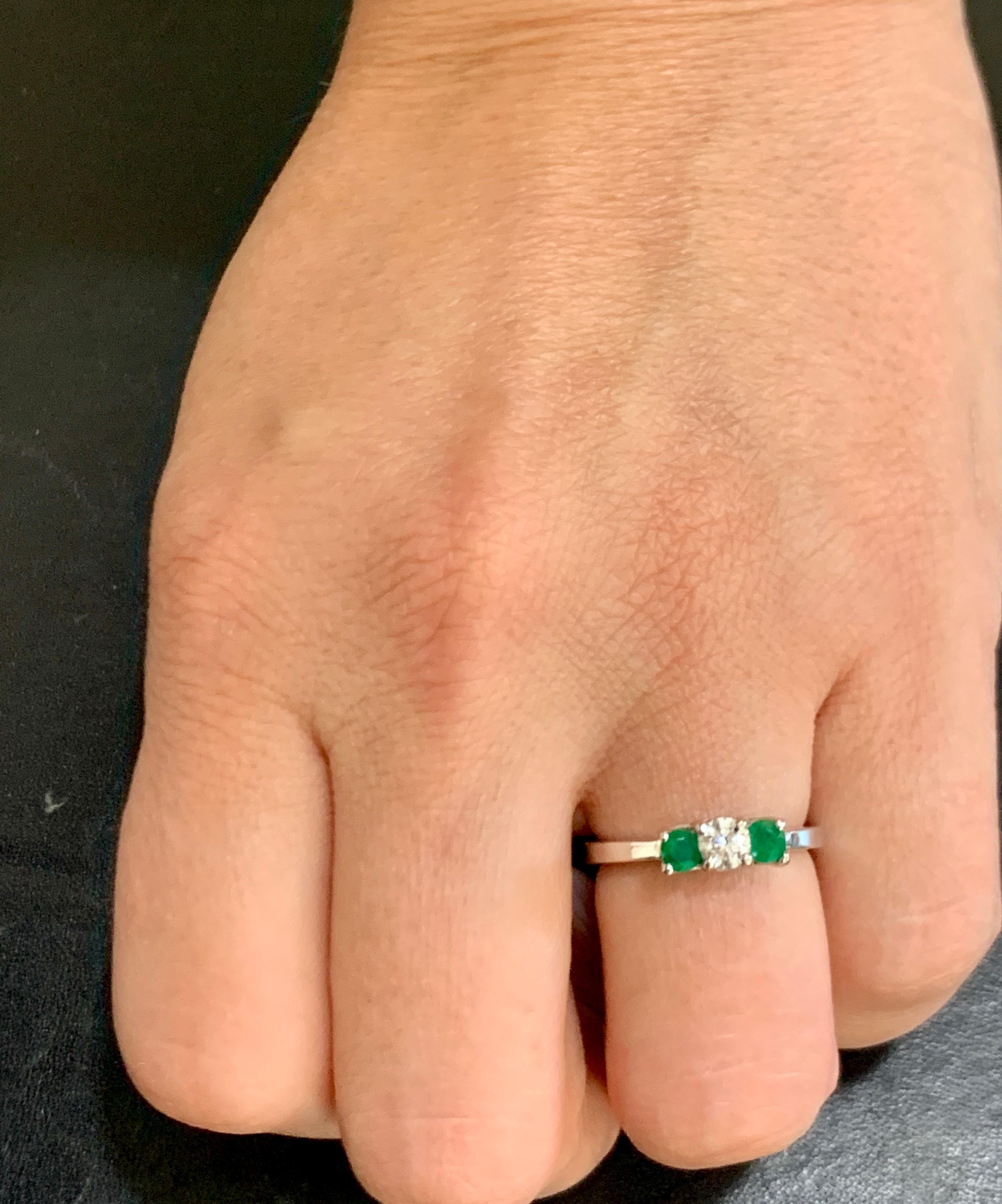 Emerald and Diamond Three-Stone Ring Past Present Future 14 Karat White Gold 1