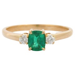 Emerald Diamond Three Stone Style Ring for Engagement in 18k Solid Yellow Gold