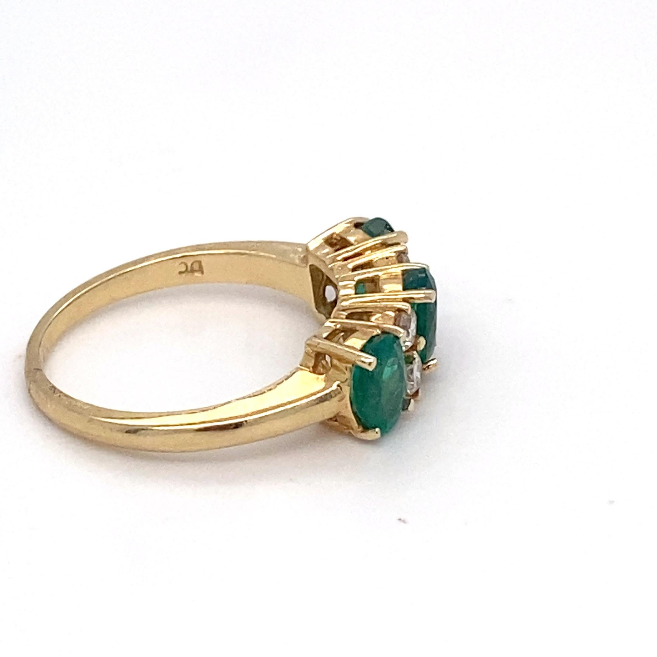Emerald Diamond Three Stone Yellow Gold Ring For Sale 5