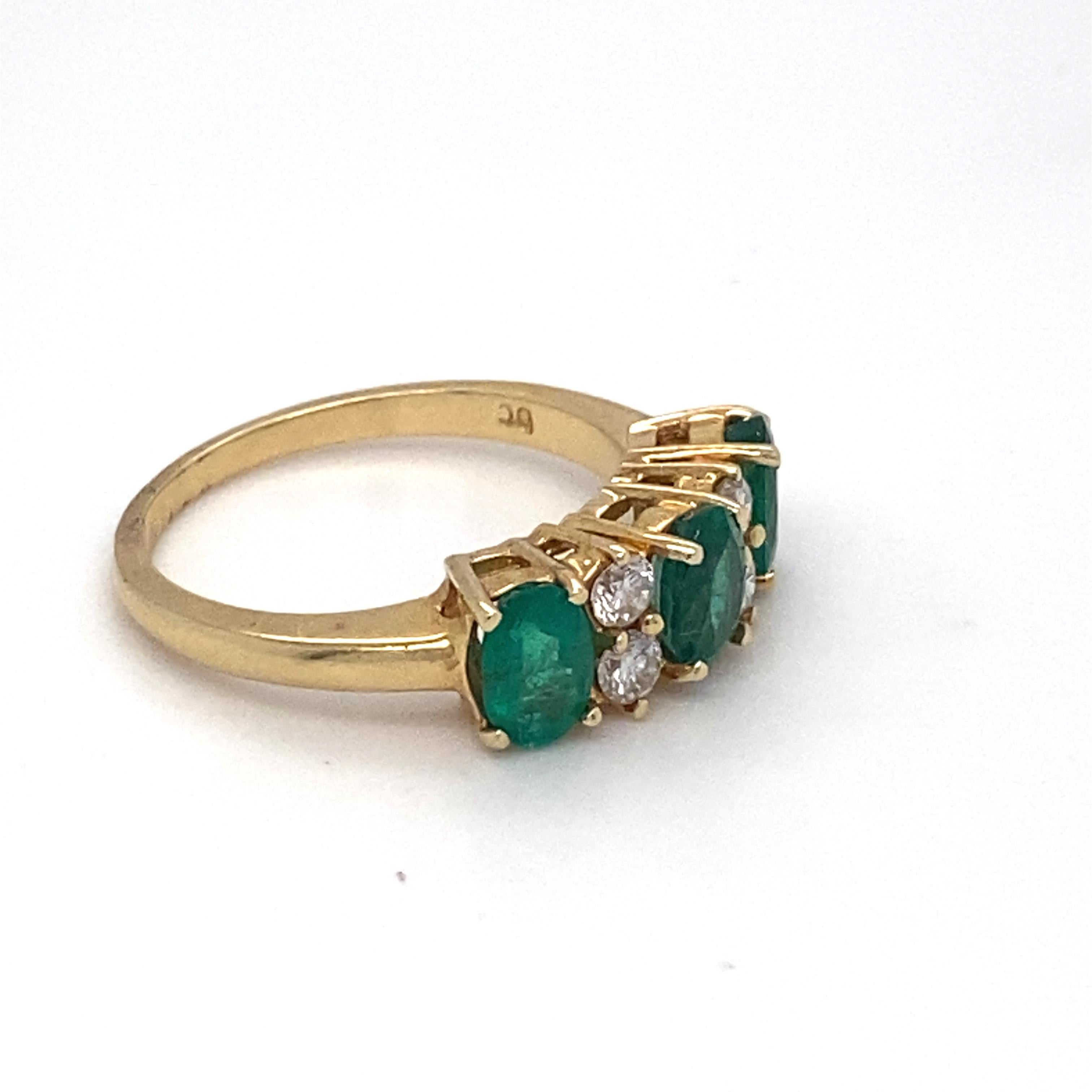 Emerald Diamond Three Stone Yellow Gold Ring For Sale 6