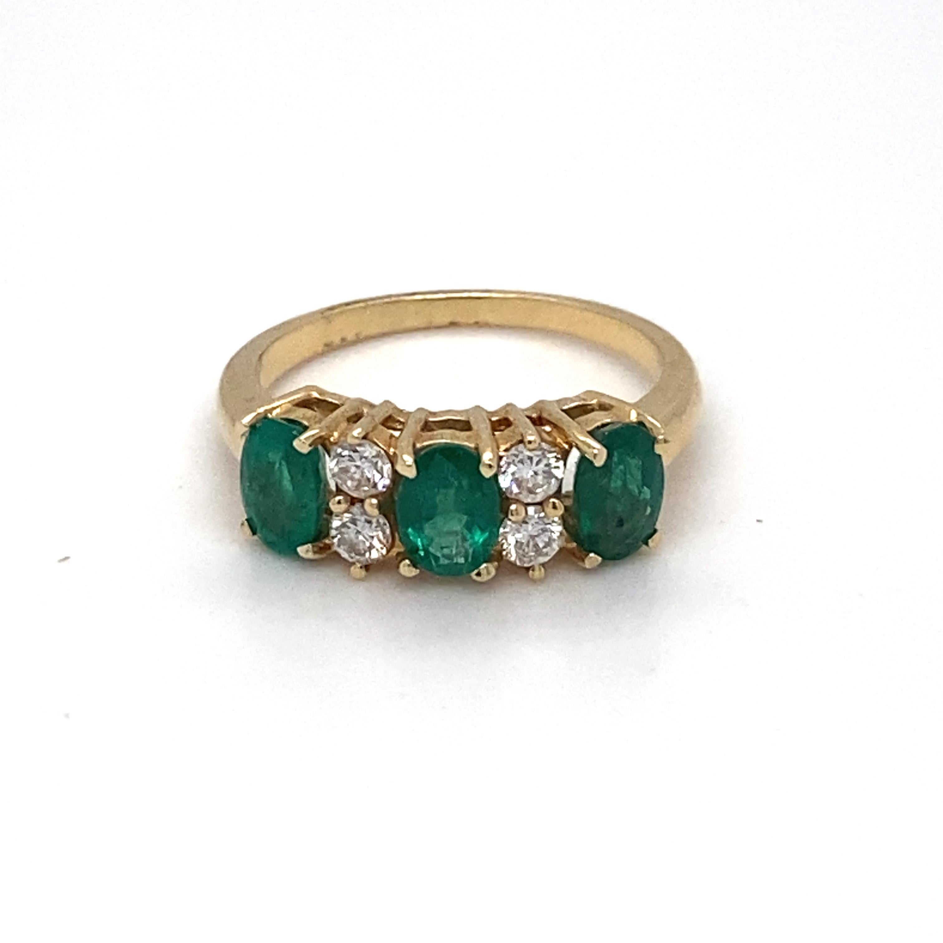 Emerald Diamond Three Stone Yellow Gold Ring For Sale 8