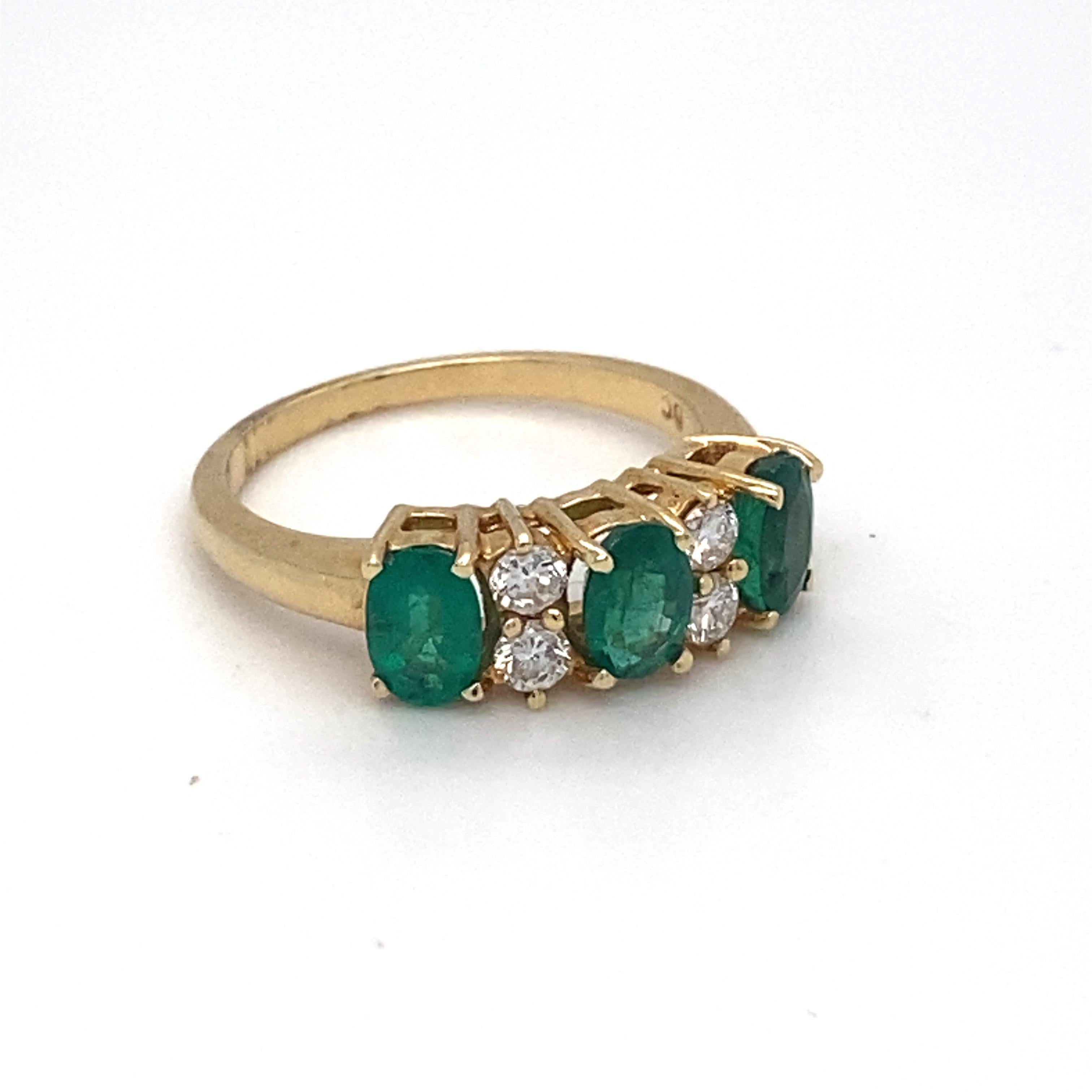 Emerald Diamond Three Stone Yellow Gold Ring For Sale 9