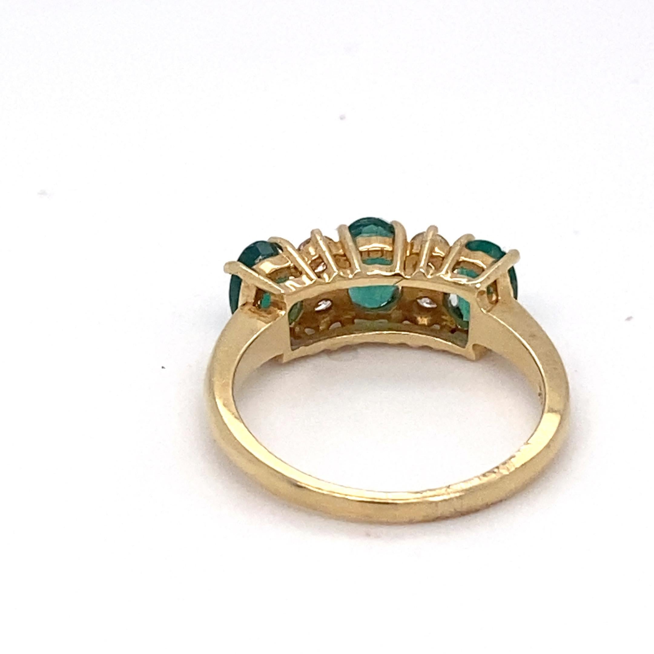 Emerald Diamond Three Stone Yellow Gold Ring For Sale 10