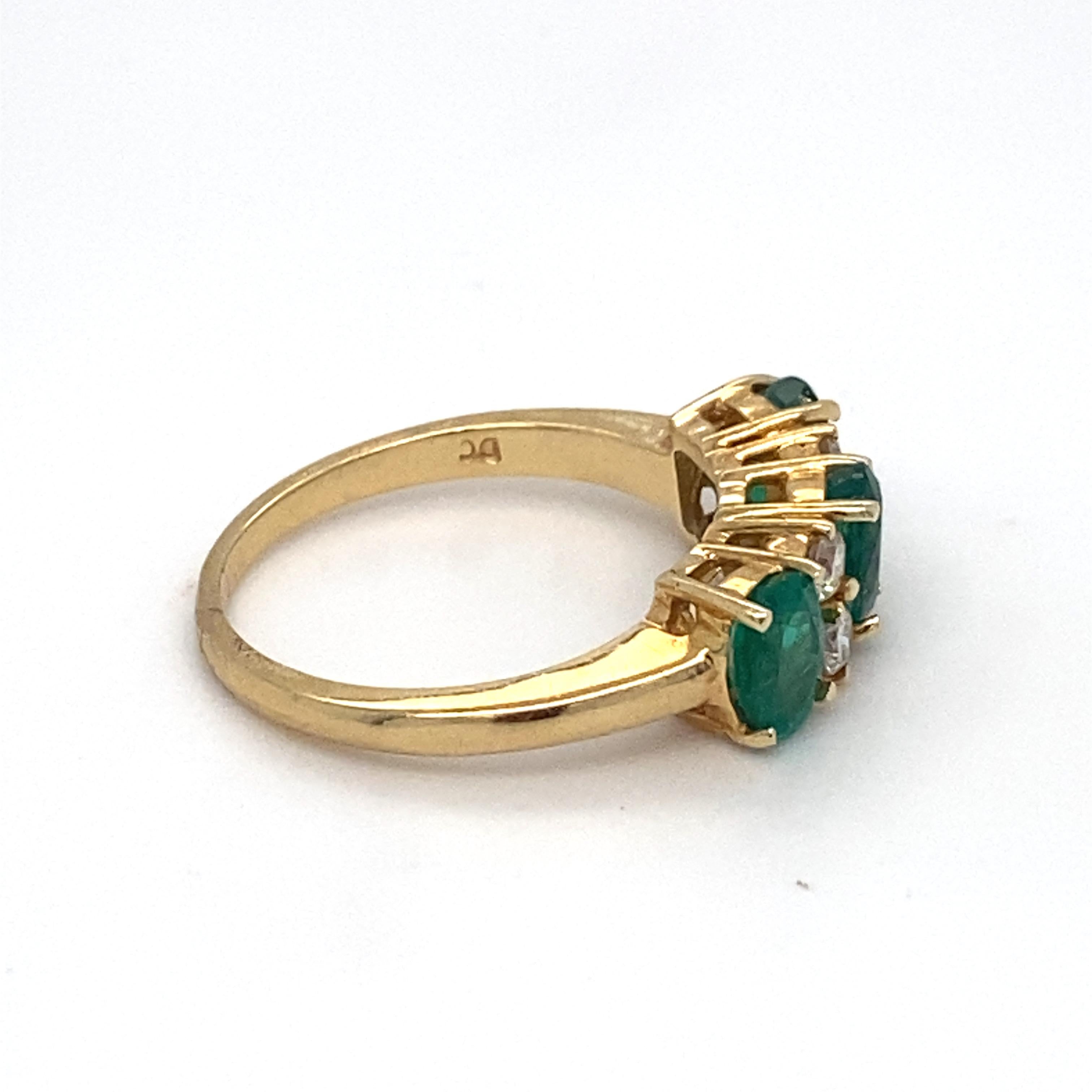 Emerald Diamond Three Stone Yellow Gold Ring For Sale 1