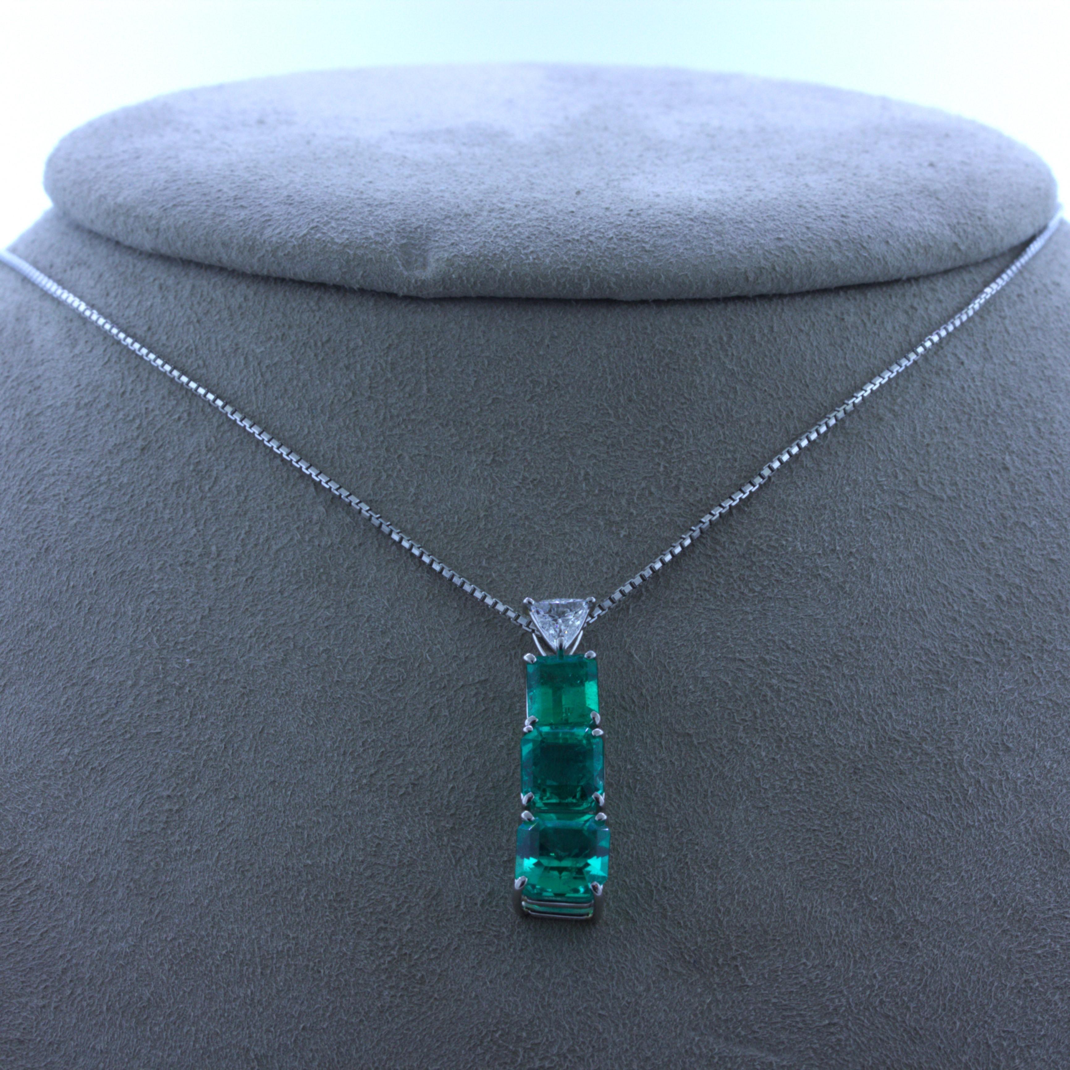 Emerald Cut Emerald Diamond Triple-Drop Platinum Pendant