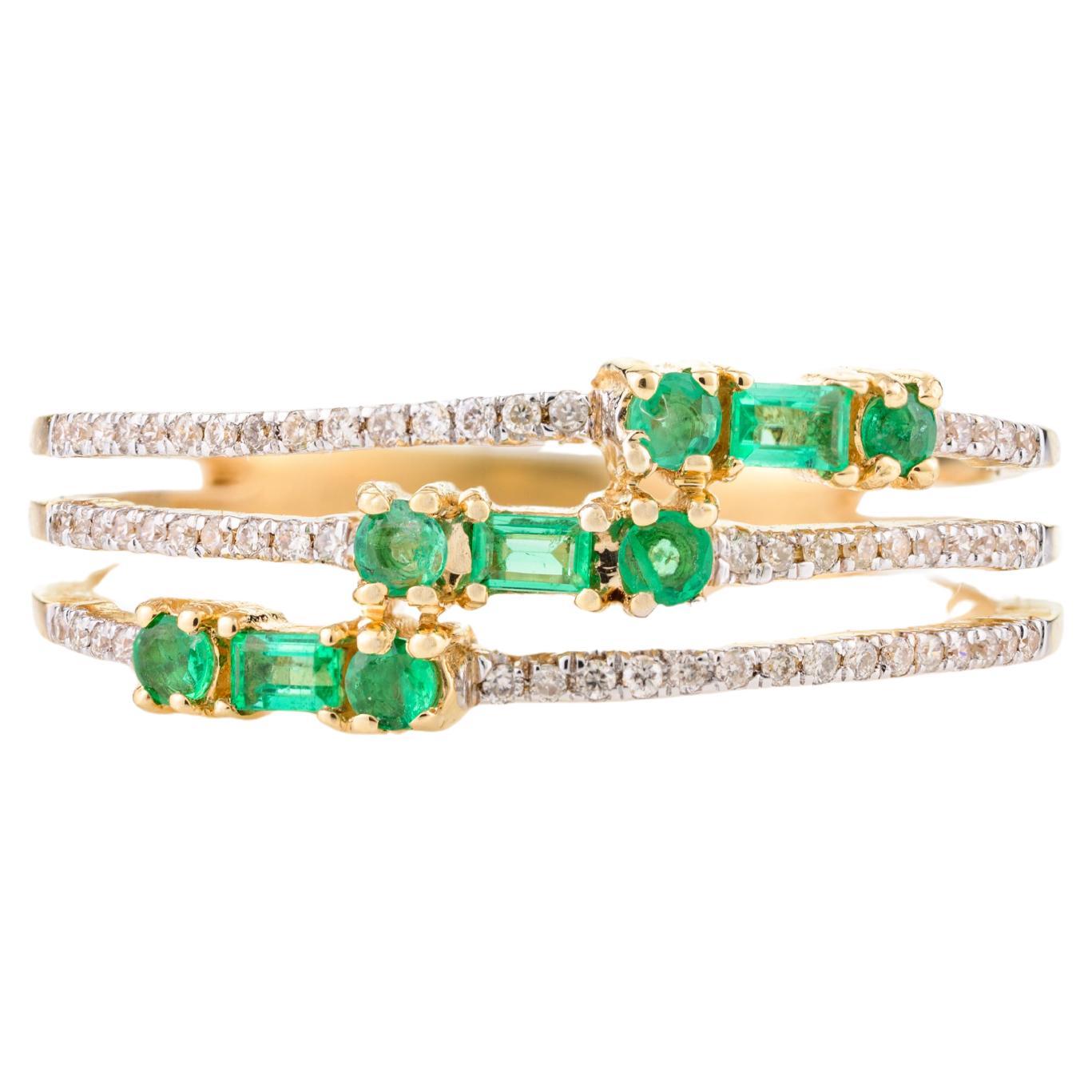 Emerald Diamond Triple Row Wedding Band Ring for Women in 18k Solid Yellow Gold