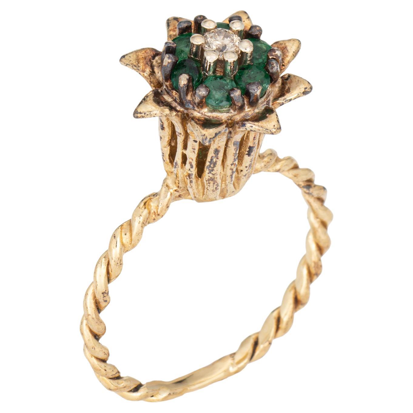 Anello a tulipano con diamante smeraldo, vintage, in oro giallo 14k, con fascia impilata Estate Jewelry in vendita
