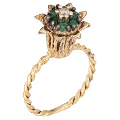 Anello a tulipano con diamante smeraldo, vintage, in oro giallo 14k, con fascia impilata Estate Jewelry