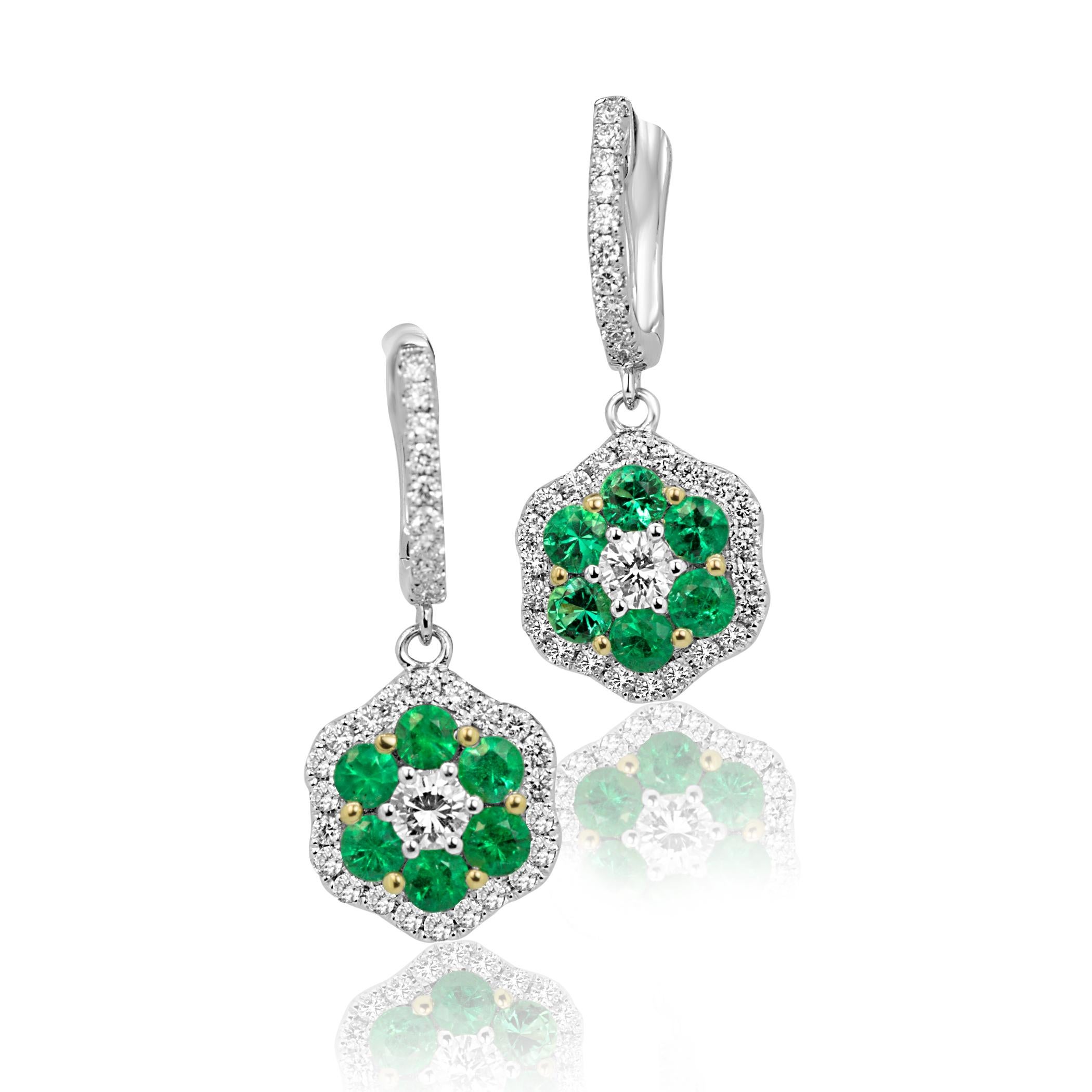 Round Cut Emerald Round Diamond Halo Two Color Gold Cluster Dangle Drop Lever Back Earring