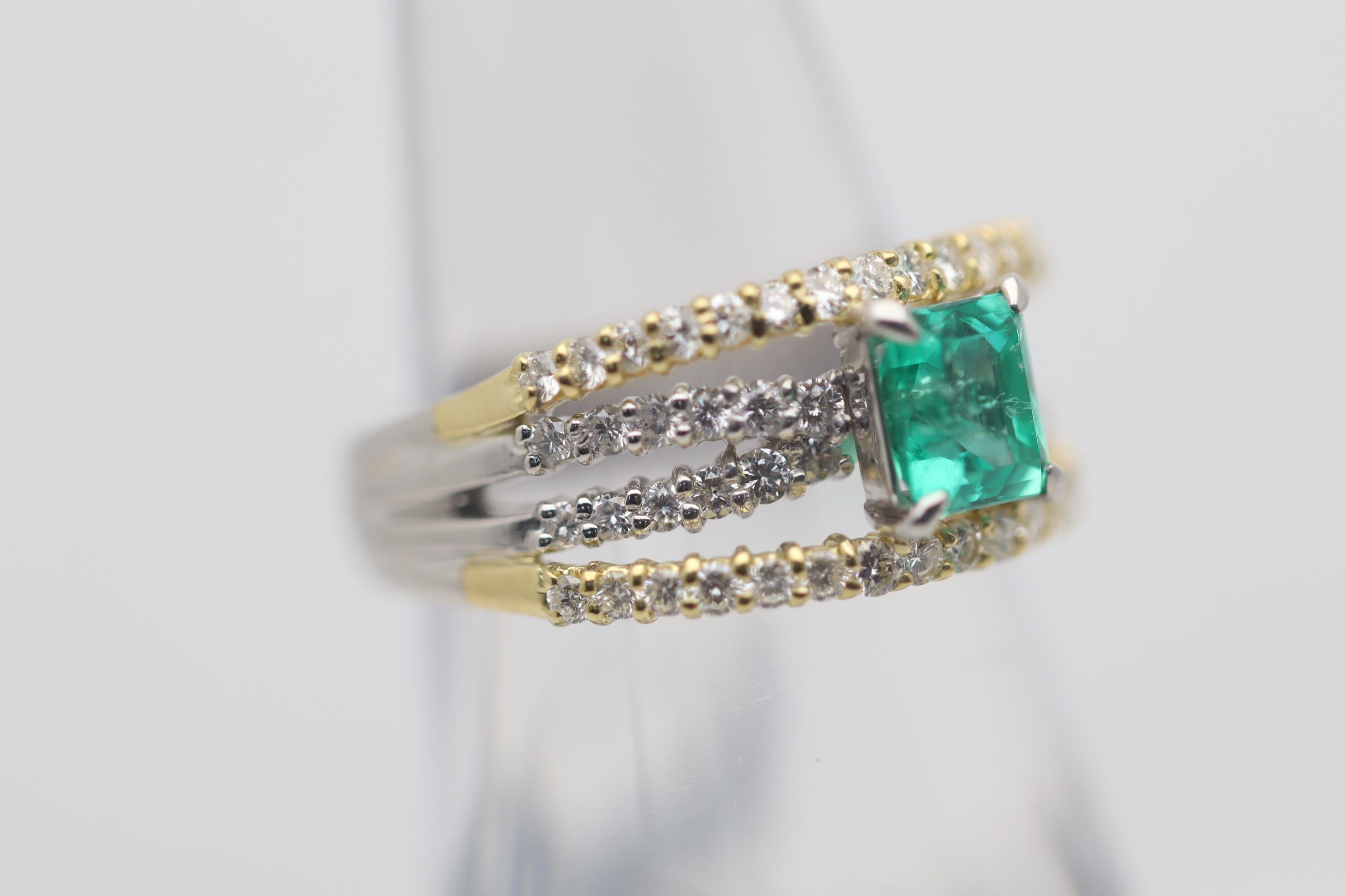Emerald Cut Emerald Diamond Two-Tone Gold & Platinum Multi-Band Ring For Sale