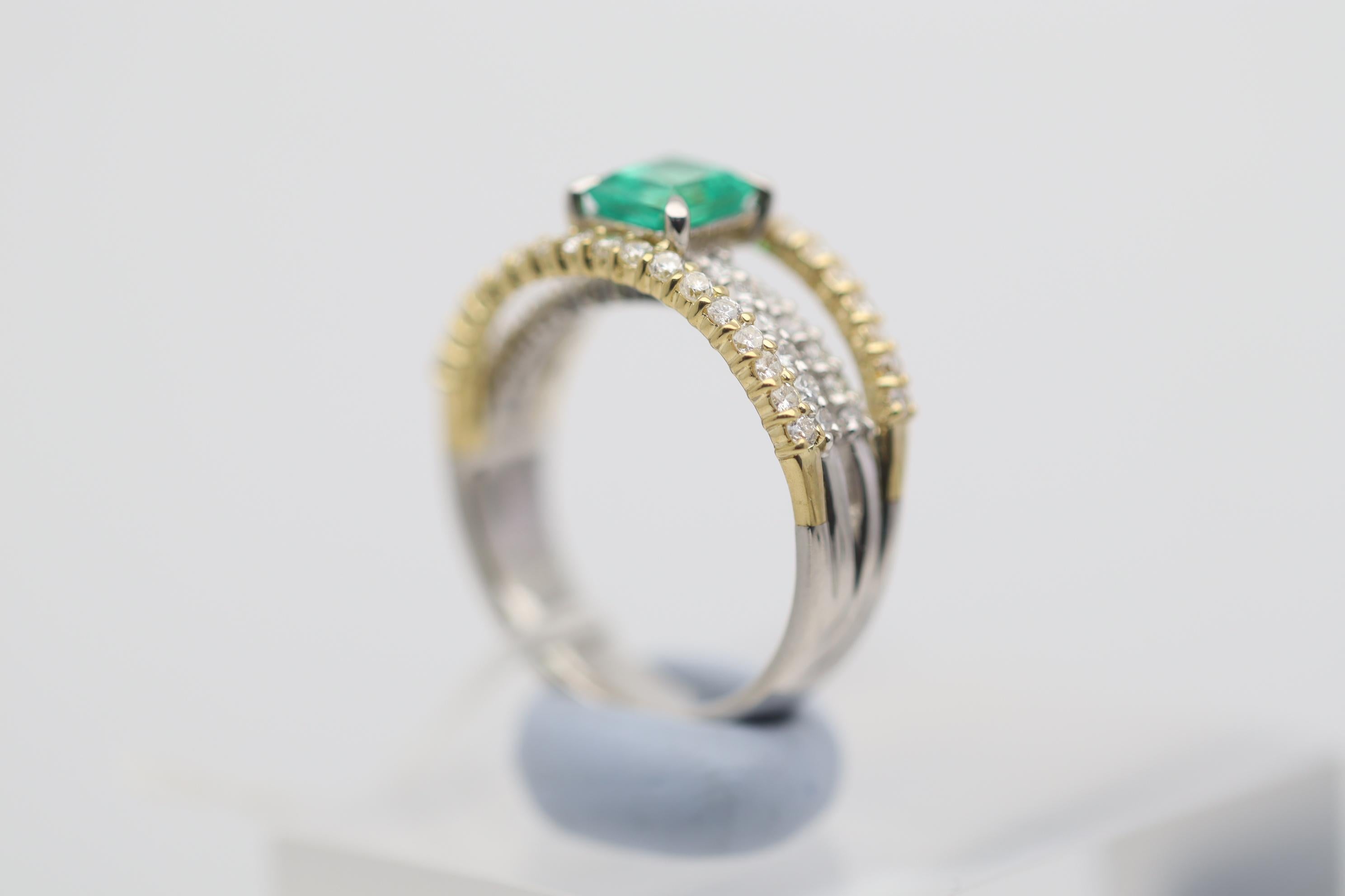 Emerald Diamond Two-Tone Gold & Platinum Multi-Band Ring In New Condition For Sale In Beverly Hills, CA
