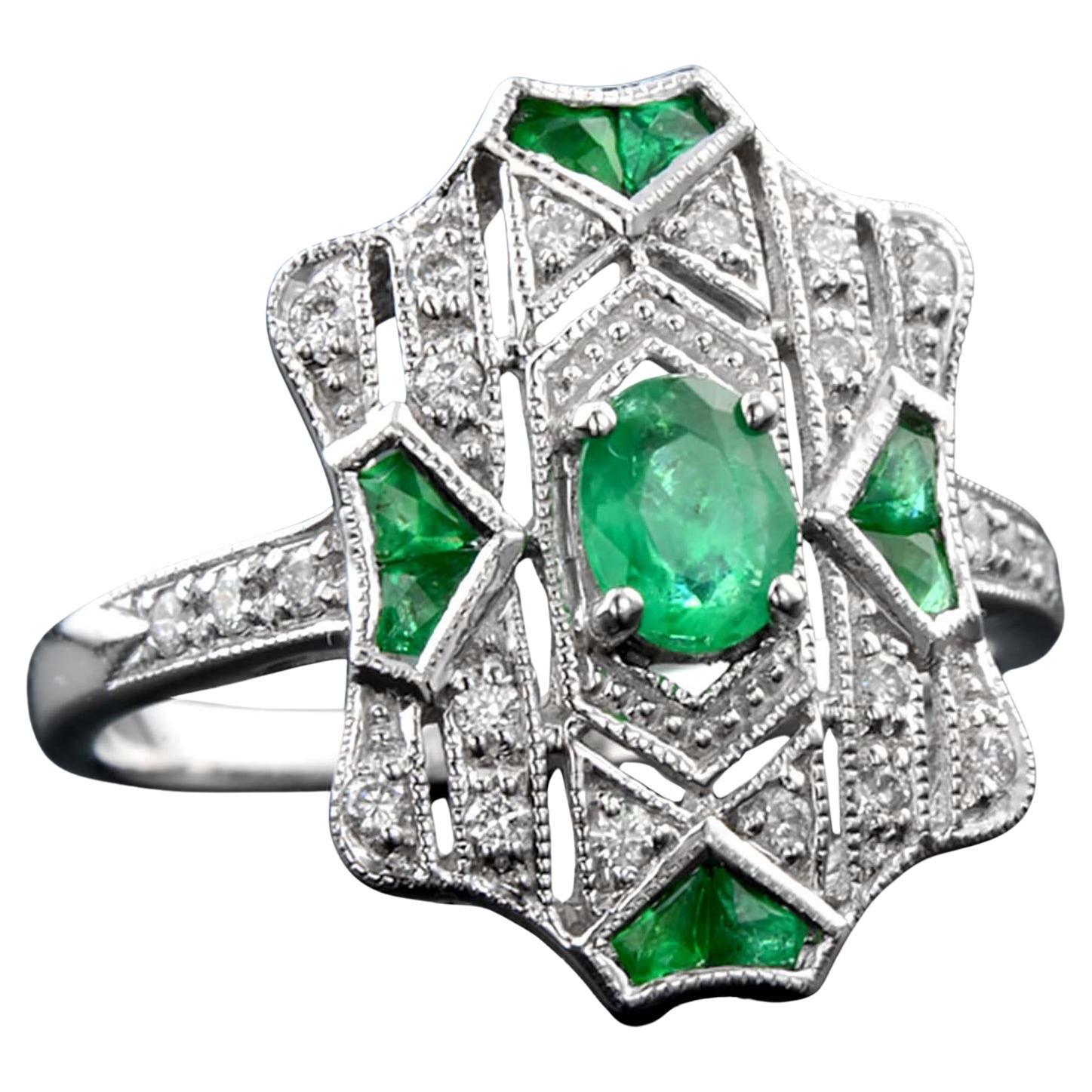 Esmeralda y Diamante Anillo de Oro Blanco con Filigrana Estilo Art Decó Inspirado en la Época Vintage