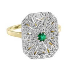 Emerald & Diamond Vintage Inspired Edwardian Style Target White Yellow Gold Ring