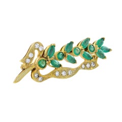 Emerald & Diamond Vintage Inspired Style Leaves Yellow Gold Pin Brooch