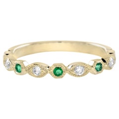 Emerald & Diamond Vintage Style Half Eternity Band 14K Yellow Gold Ring
