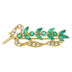 Smaragd-Diamant-Blätter-Brosche im Vintage-Stil aus 9K Gelbgold