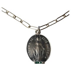 Emerald Medal Necklace Miraculous Medal Diamond Silver Coin Pendant Virgin Mary