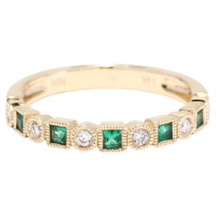 Antique Emerald Diamond Wedding Band, 14K Yellow Gold, Ring, Stackable