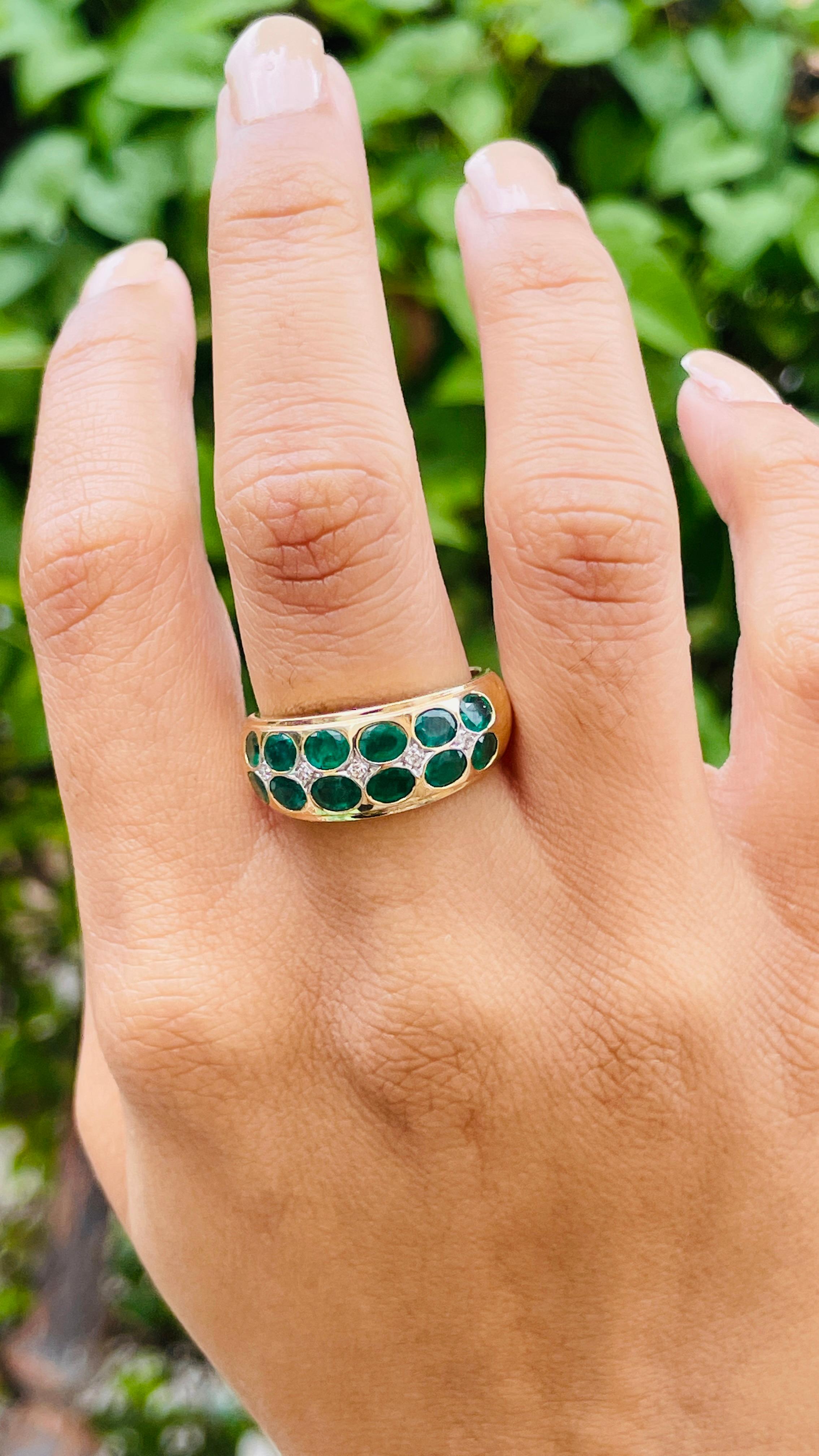 Emerald Diamond Wedding Band Ring for Father in 14k Solid Yellow Gold 6