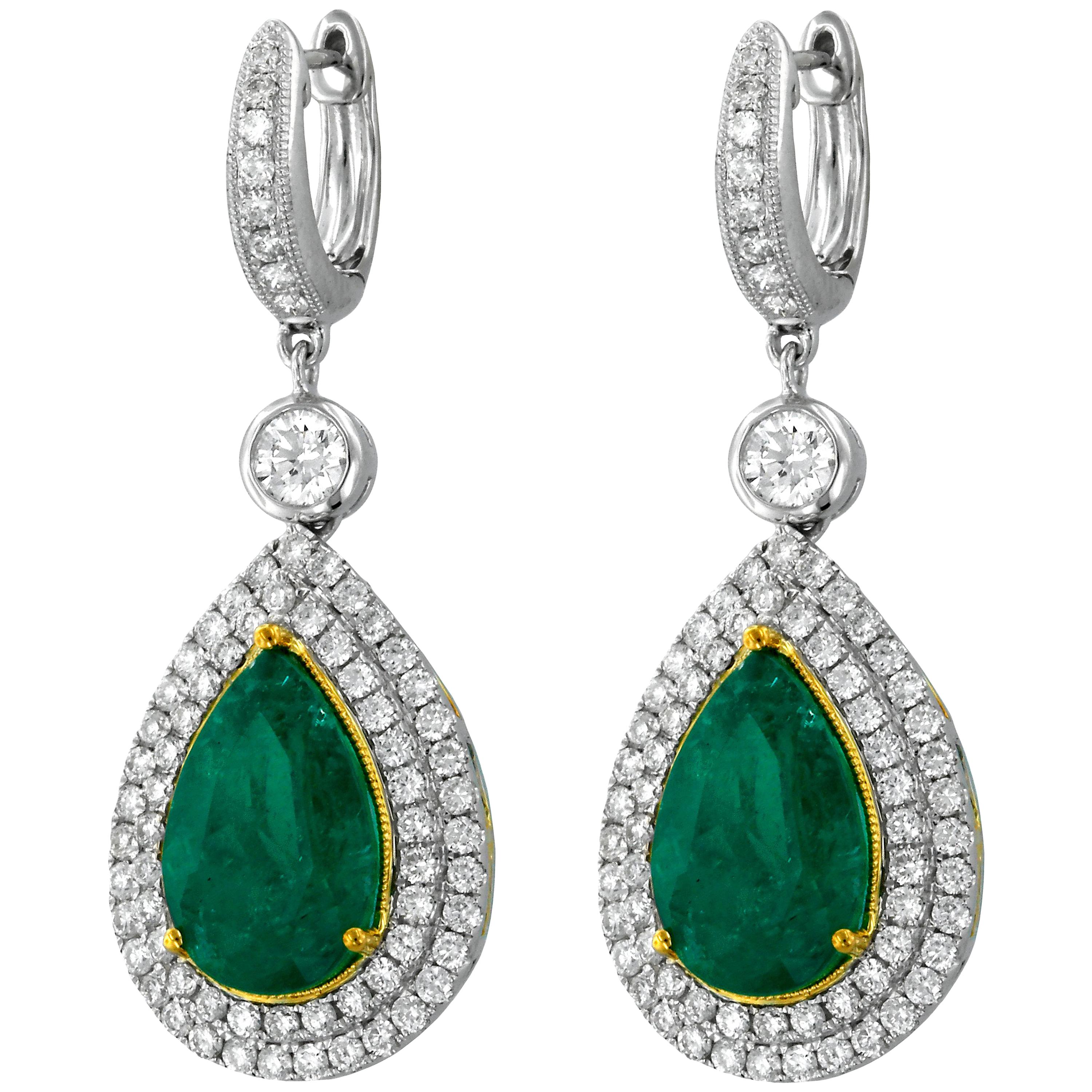 Emerald Diamond White and Yellow Gold Drop Earrings For Sale