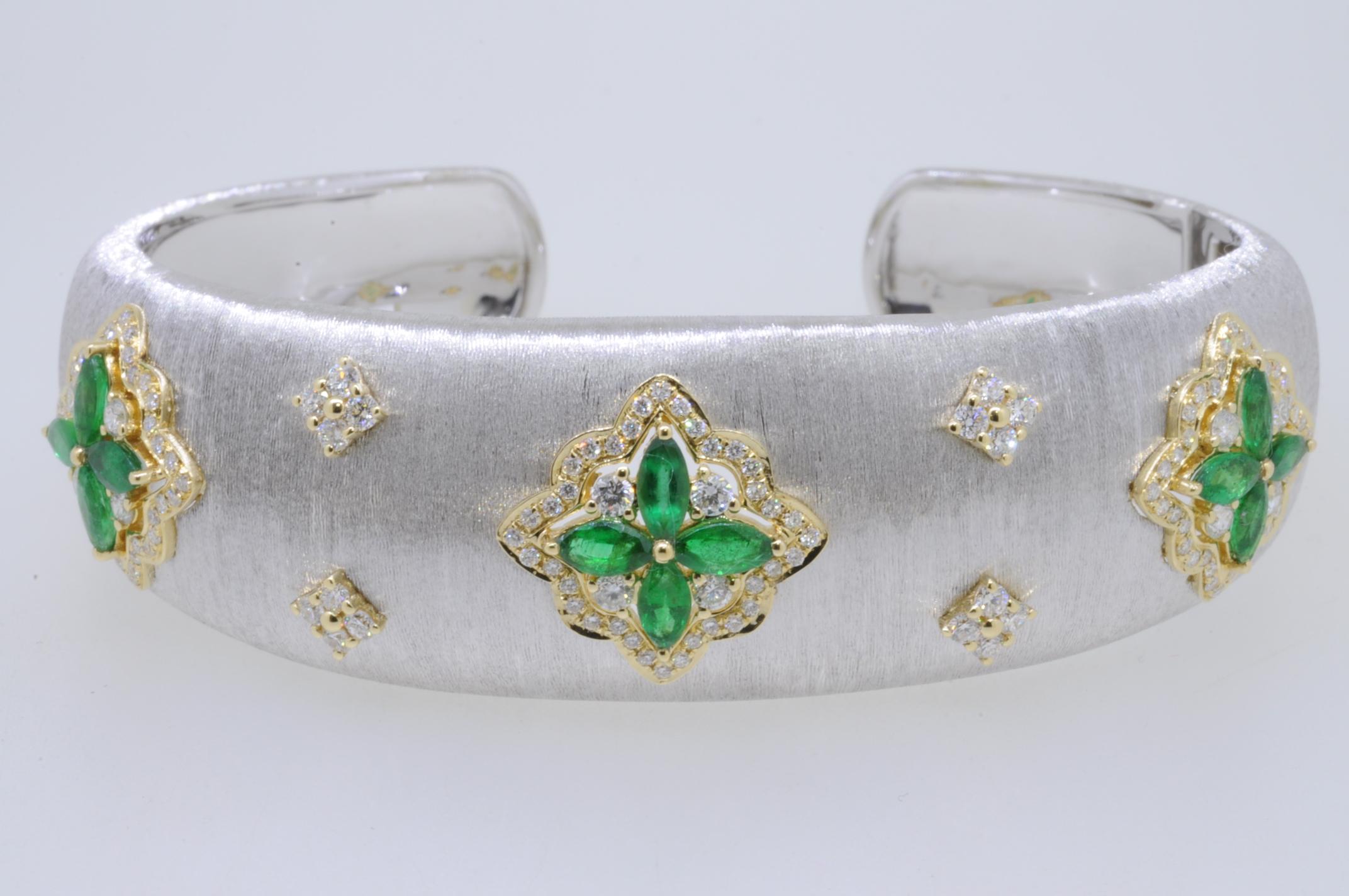 Women's Emerald Diamond White and Yellow Gold Link Bangle in Florentine Technique