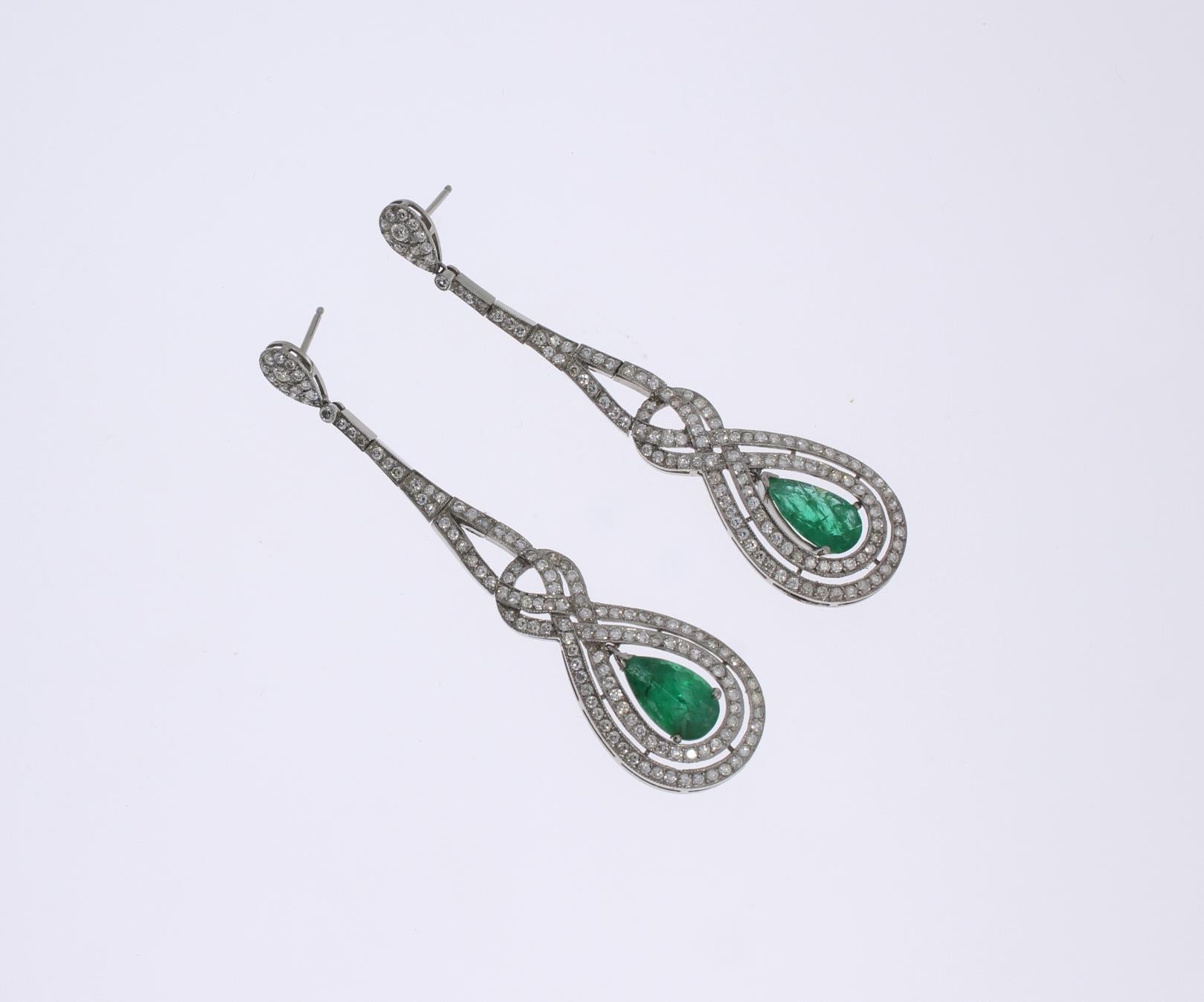 Art Deco Emerald Diamond White Gold Dangle Earrings For Sale