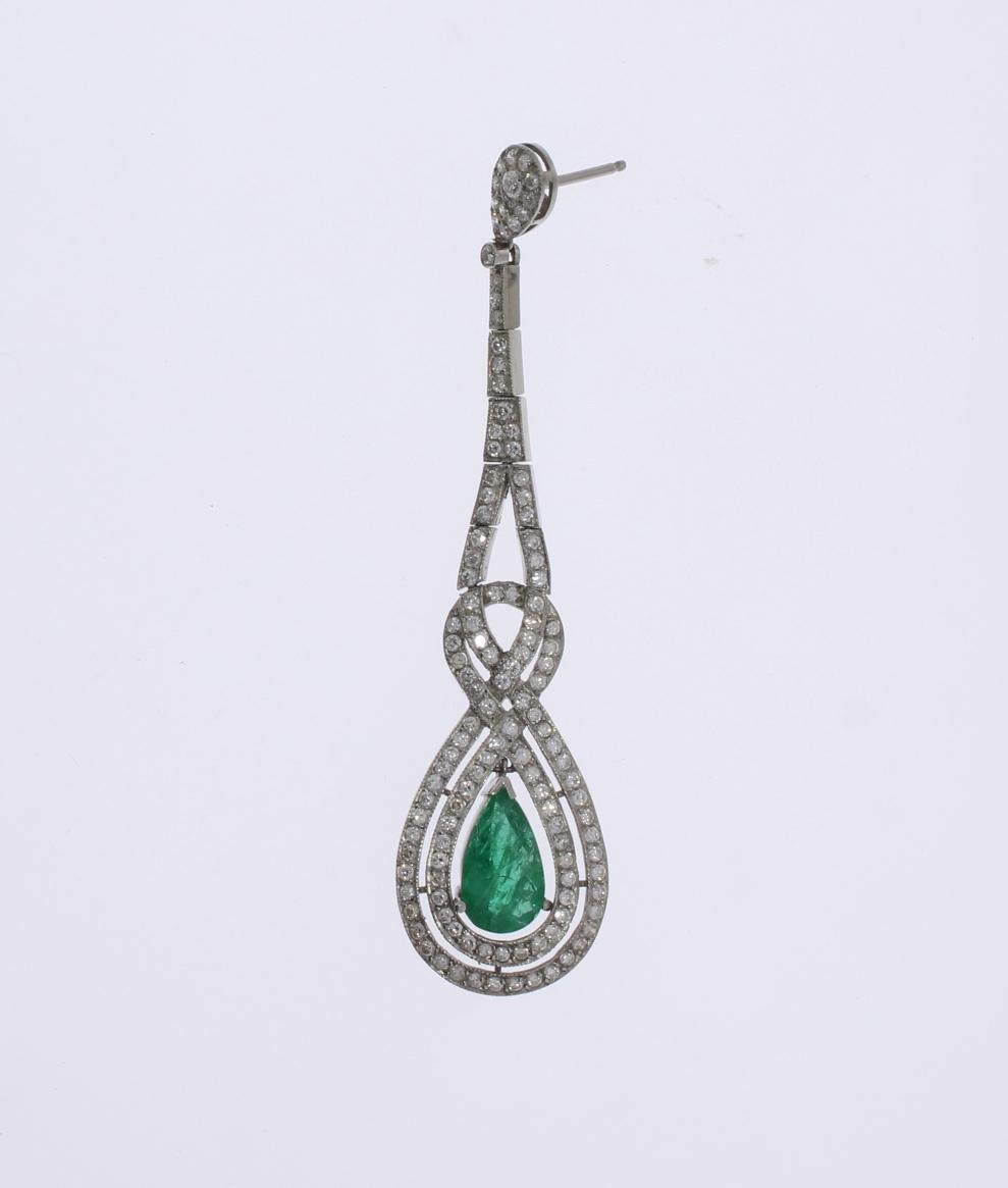 Women's Emerald Diamond White Gold Dangle Earrings For Sale