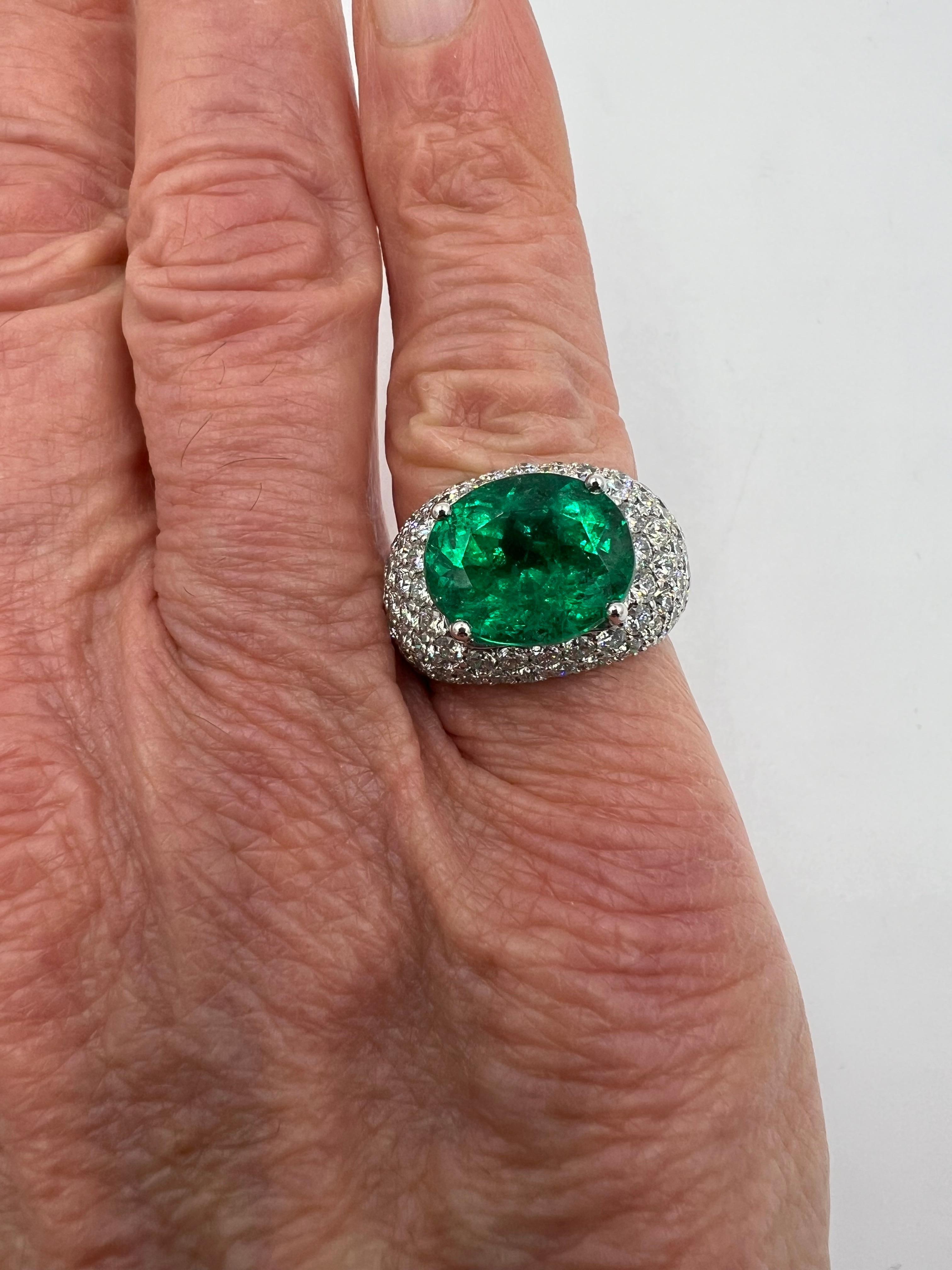 Women's or Men's Emerald Diamond White Gold Dome Ring For Sale