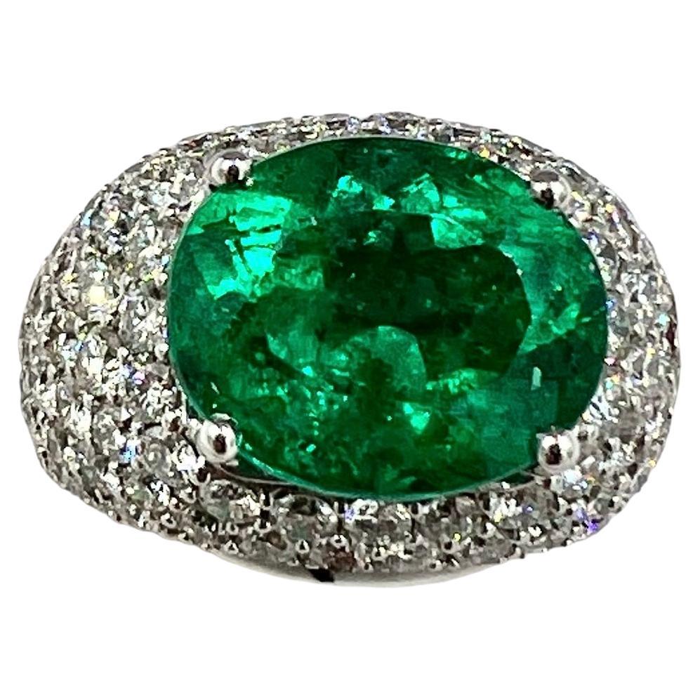 Emerald Diamond White Gold Dome Ring For Sale