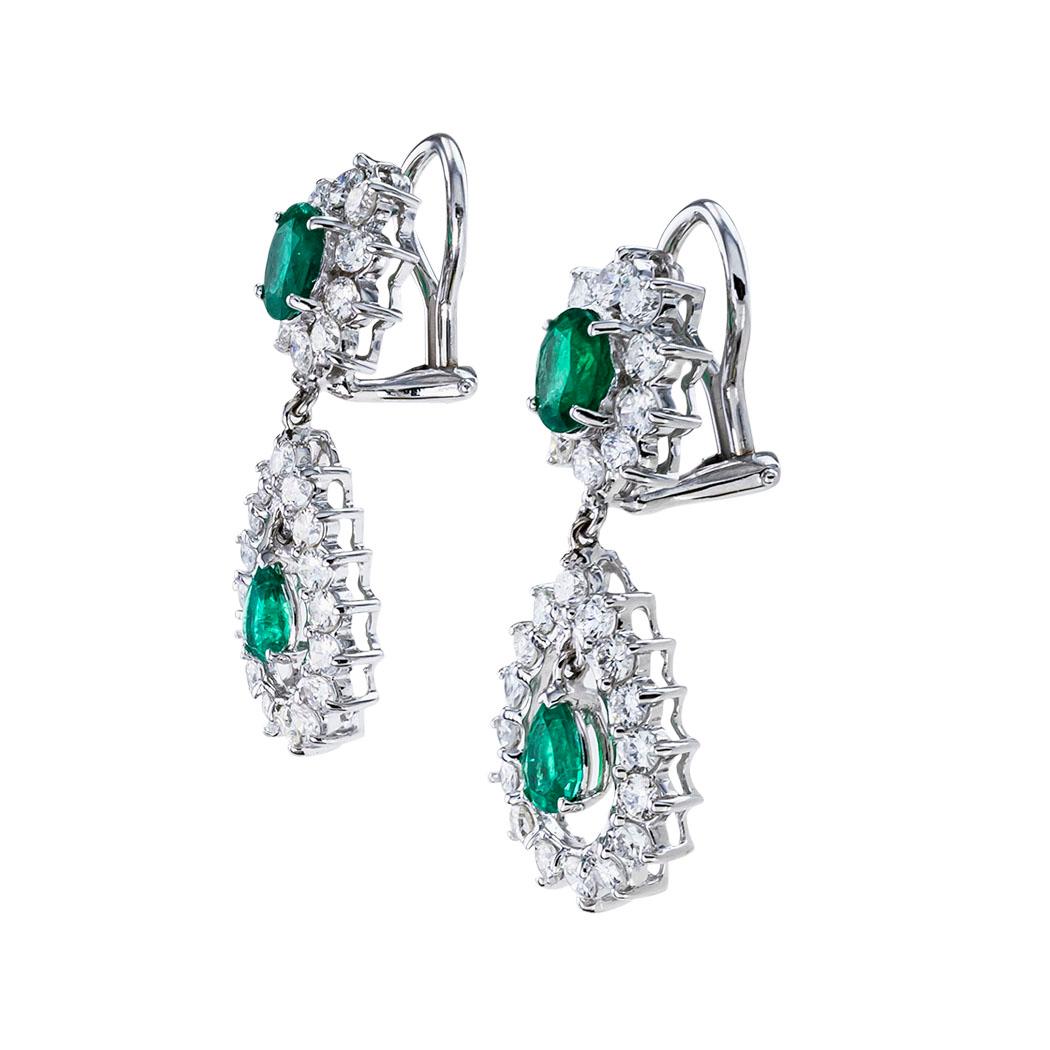 Modern Emerald Diamond White Gold Drop Clip on Earrings
