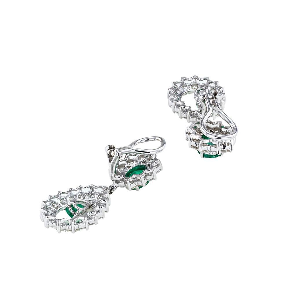 Round Cut Emerald Diamond White Gold Drop Clip on Earrings