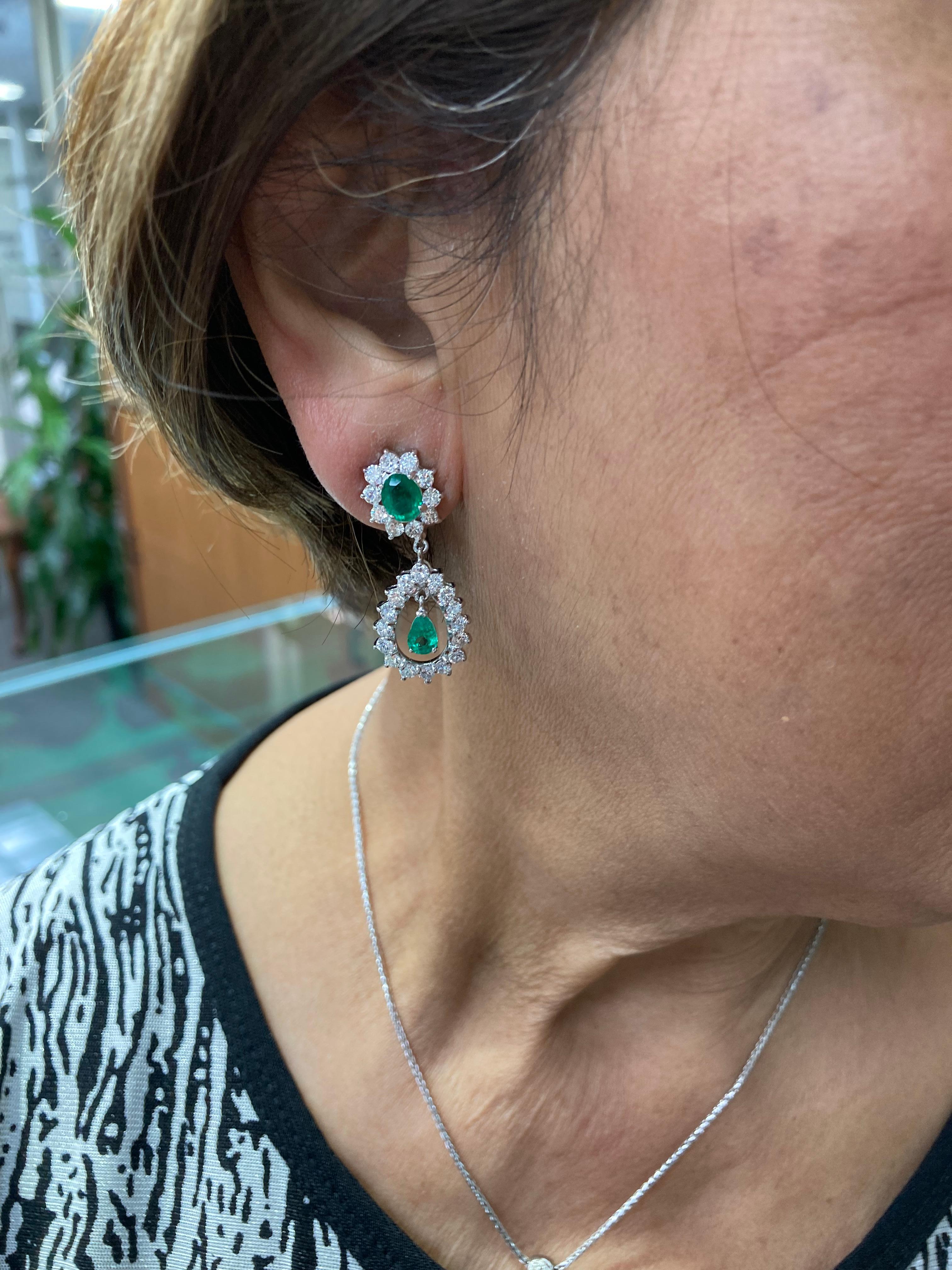 Emerald Diamond White Gold Drop Clip on Earrings 1