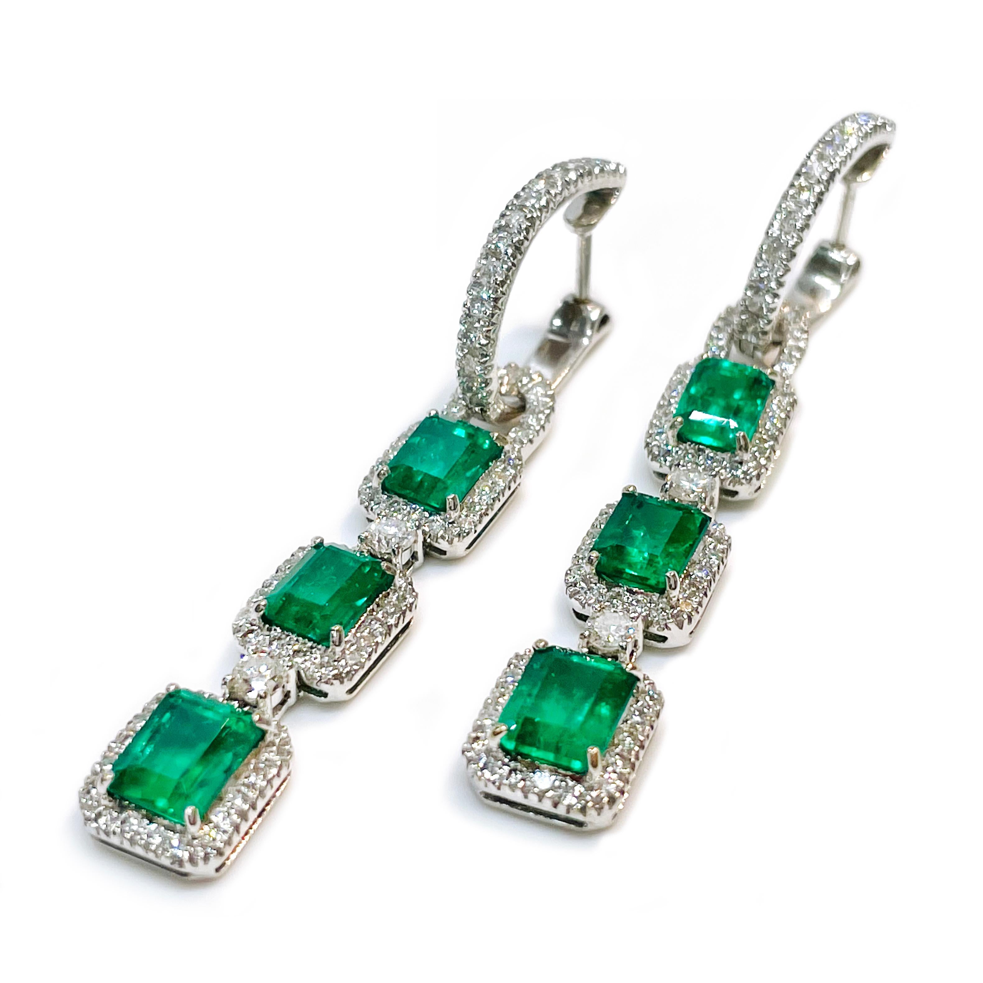Contemporary White Gold Emerald Diamond Earrings For Sale