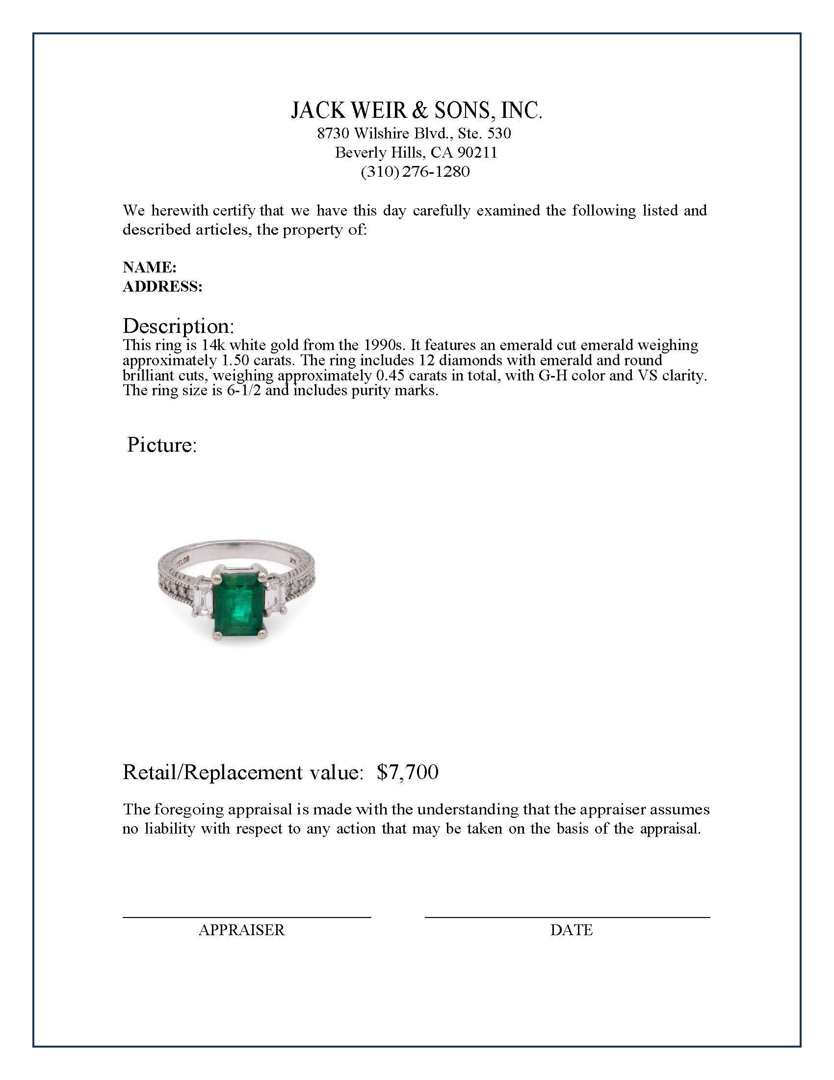 Emerald Diamond White Gold Engagement Ring In Excellent Condition In Beverly Hills, CA