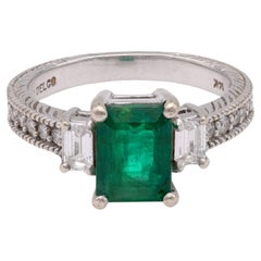 Retro Emerald Diamond White Gold Engagement Ring