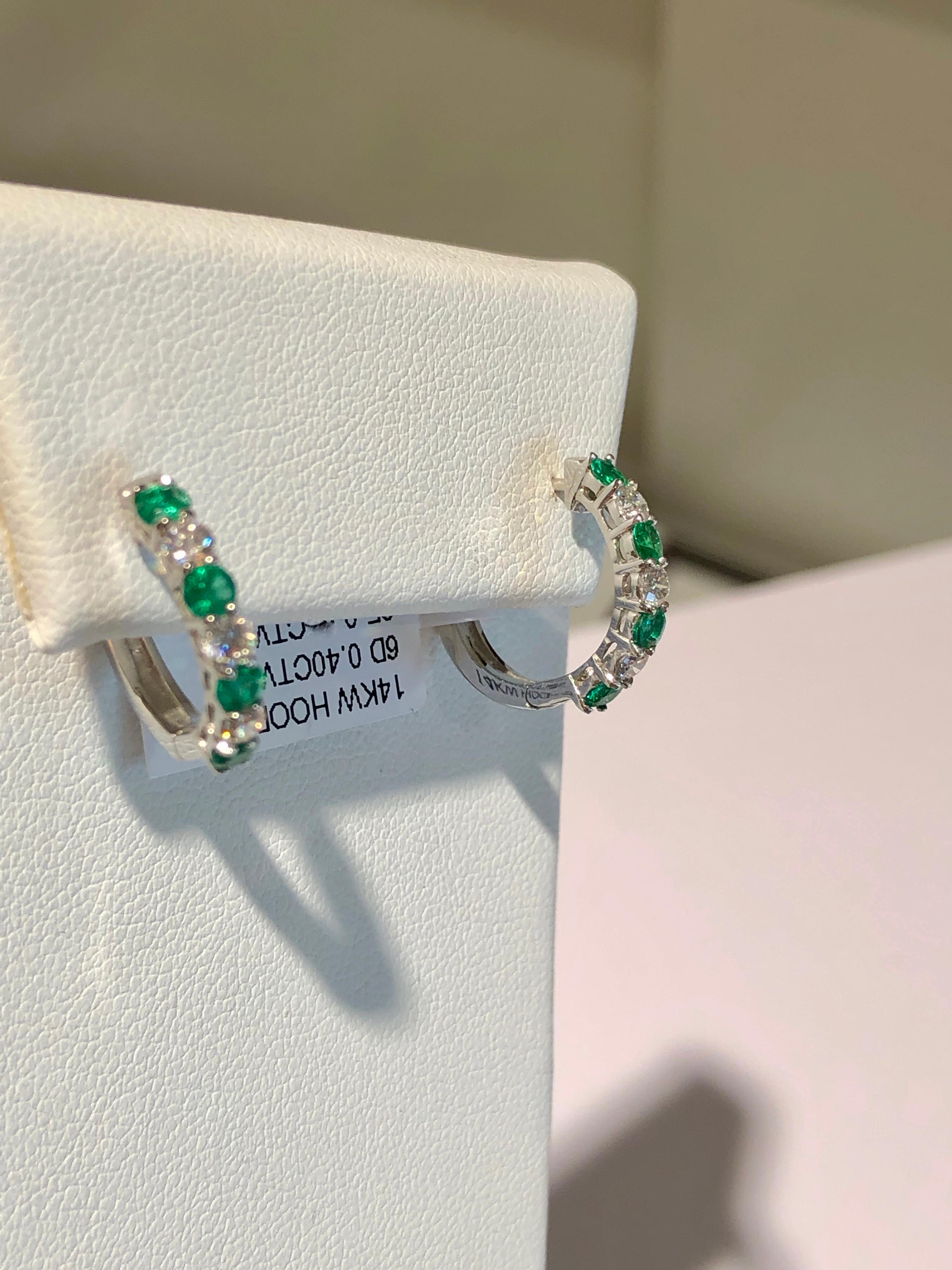 Contemporary Emerald and Diamond White Gold Hoop Earrings