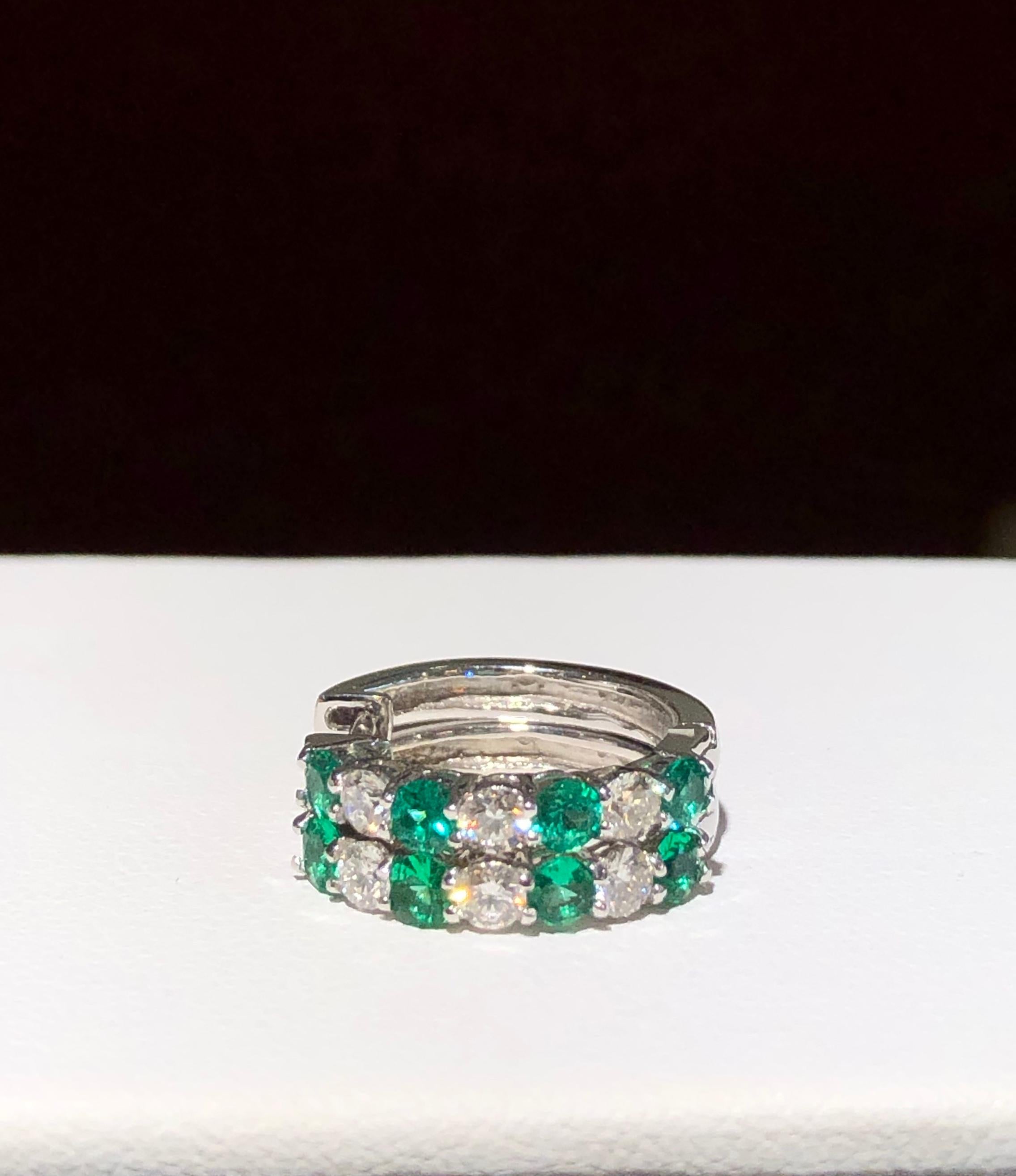 Round Cut Emerald and Diamond White Gold Hoop Earrings