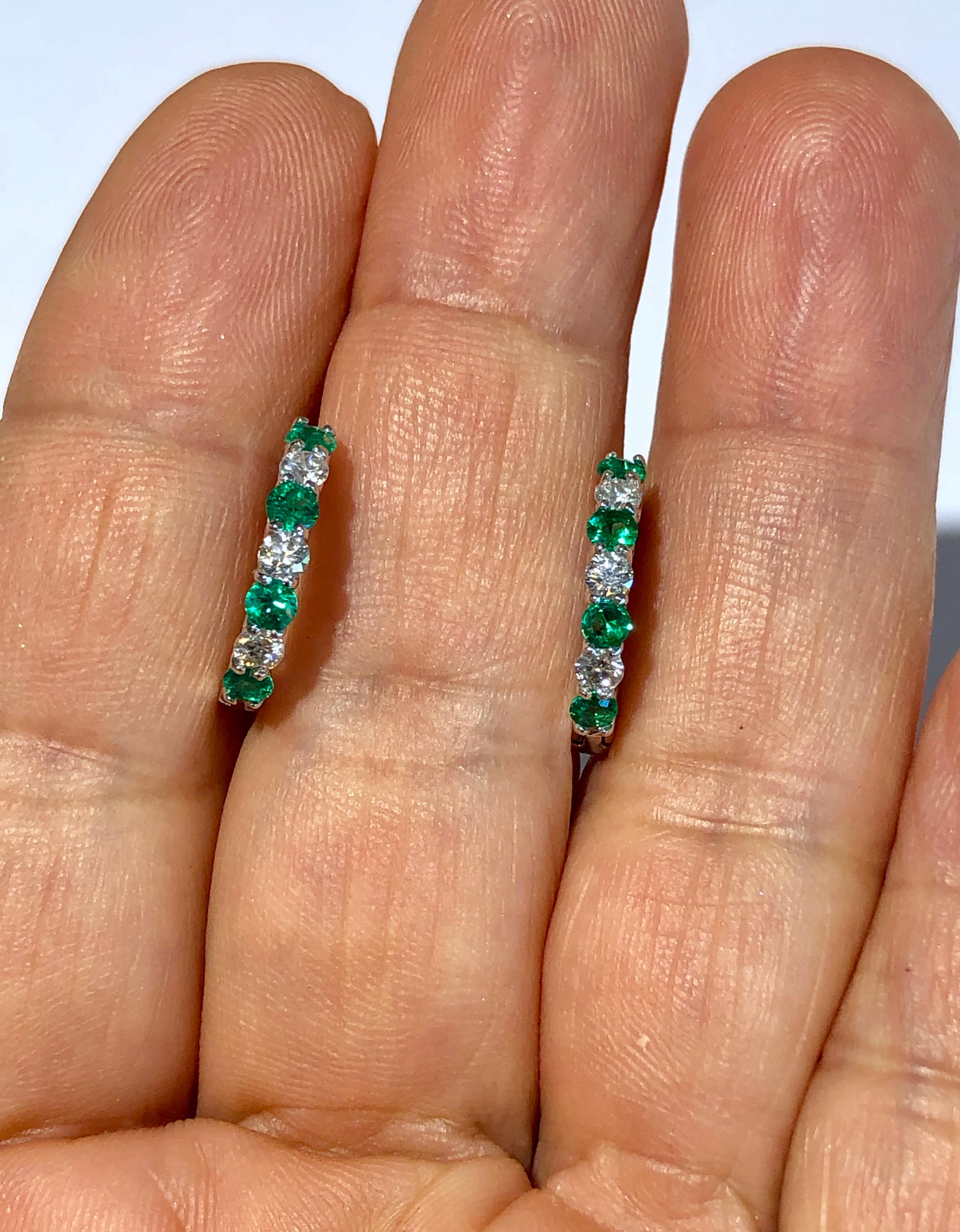 Women's Emerald and Diamond White Gold Hoop Earrings
