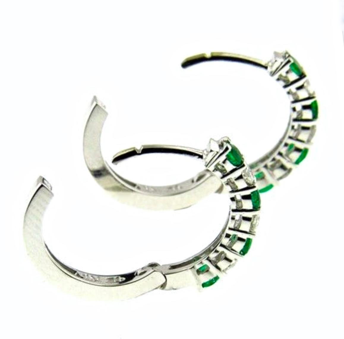 Emerald and Diamond White Gold Hoop Earrings 1