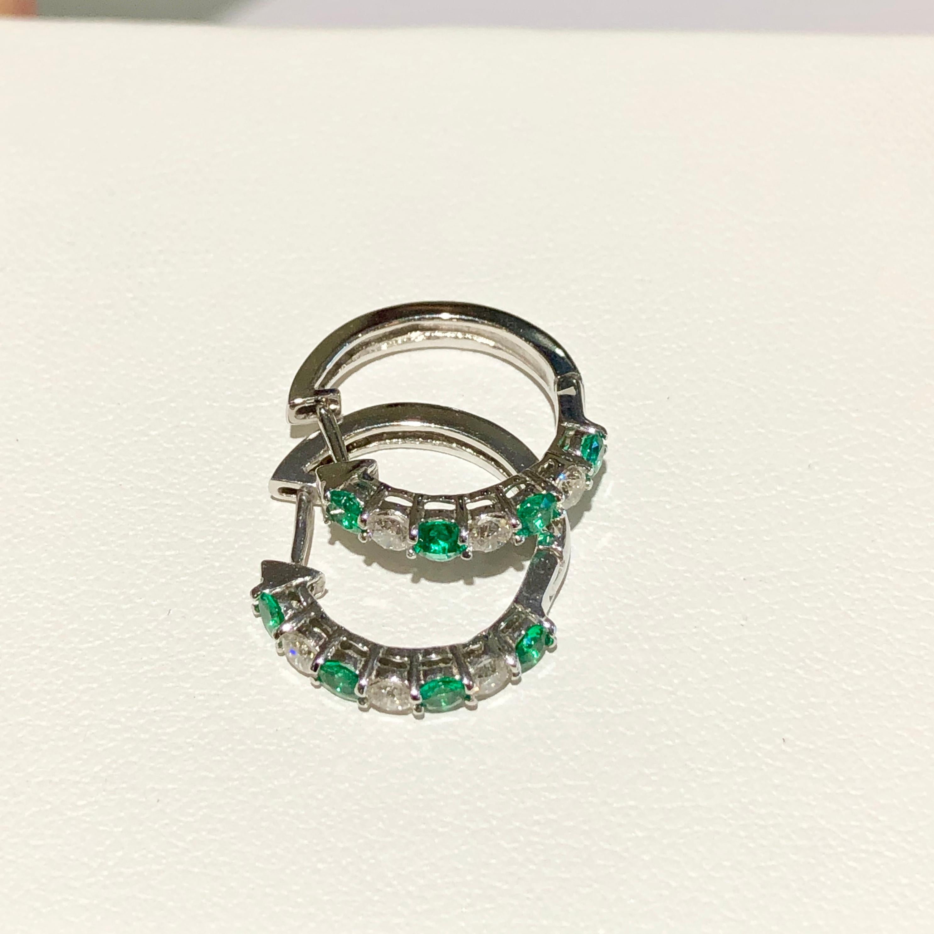 Emerald and Diamond White Gold Hoop Earrings 2