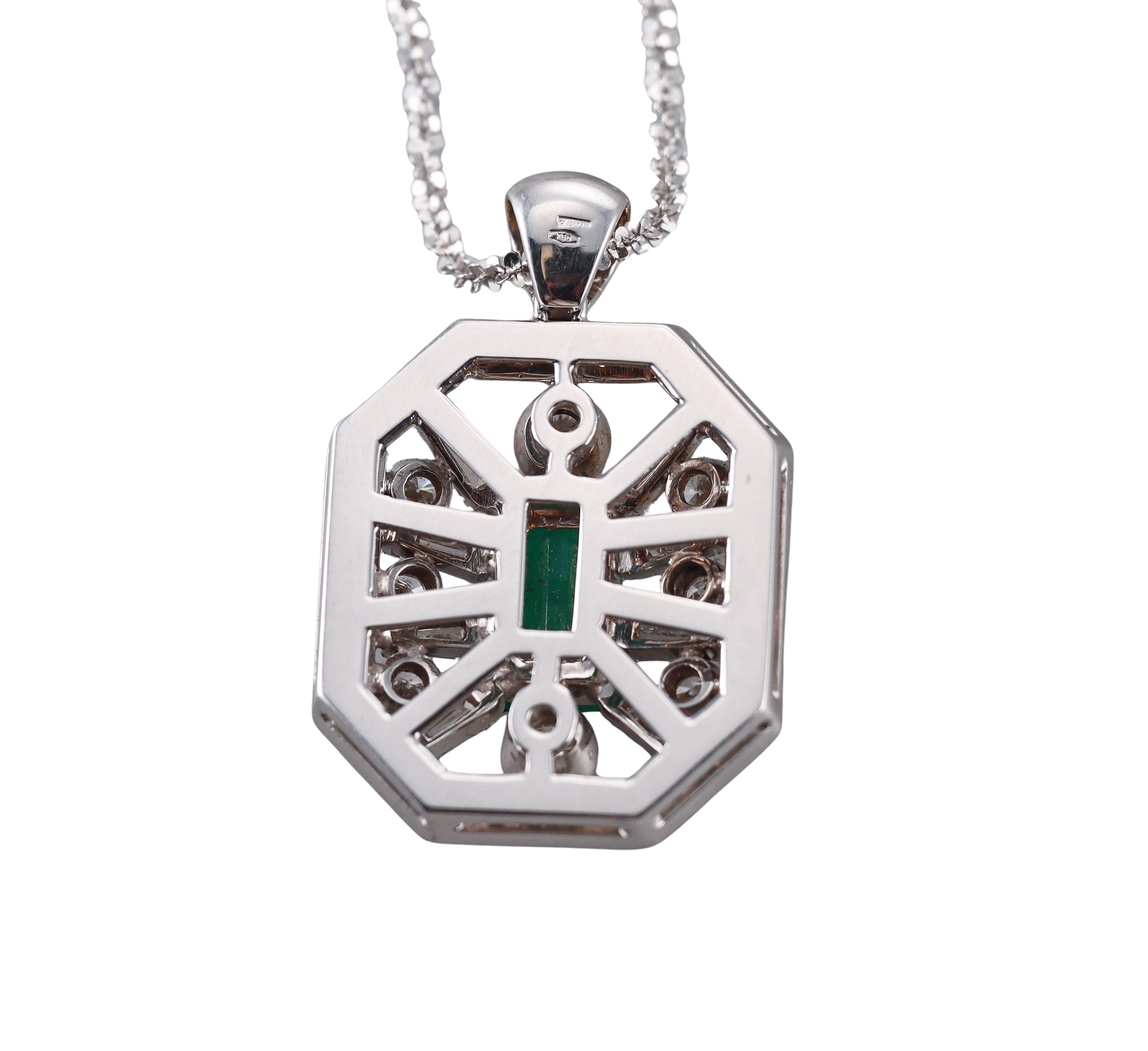 Emerald Cut Emerald Diamond White Gold Pendant Necklace For Sale