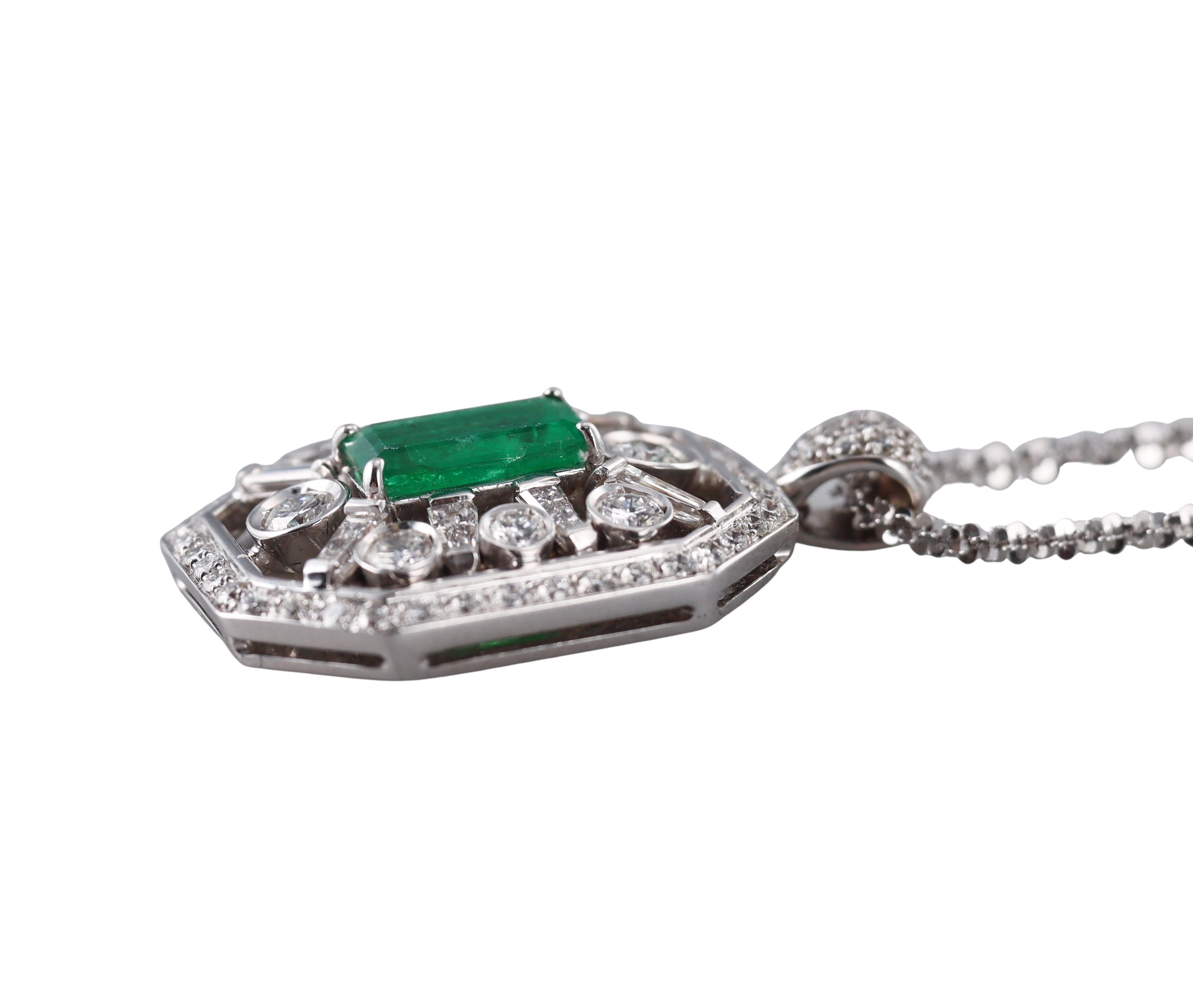 Women's Emerald Diamond White Gold Pendant Necklace For Sale